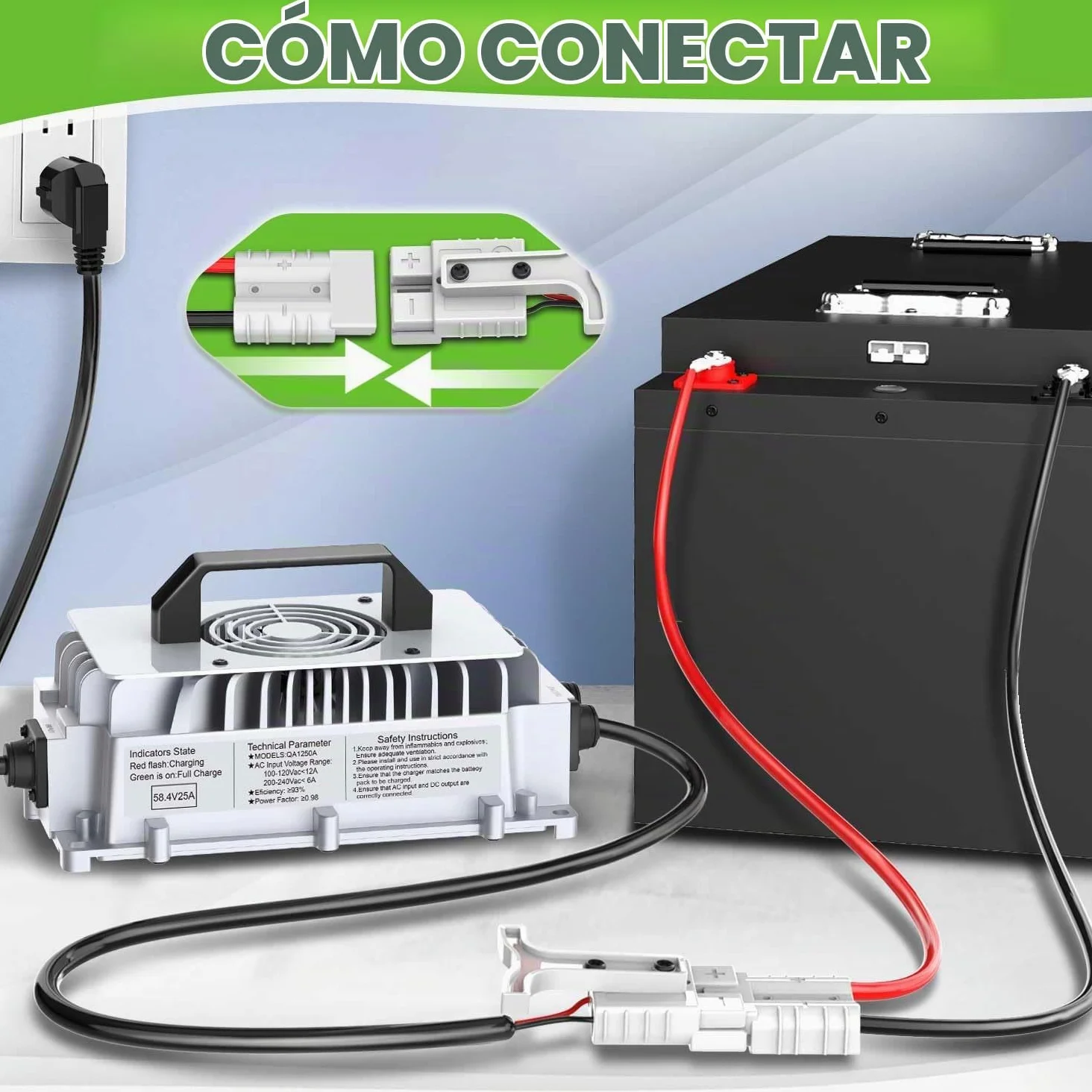 58,4V 25A Cargador de batería LiFePO4 para baterías Recargables de Ciclo Profundo de fosfato de Hierro y Litio de 48V (51,2V)