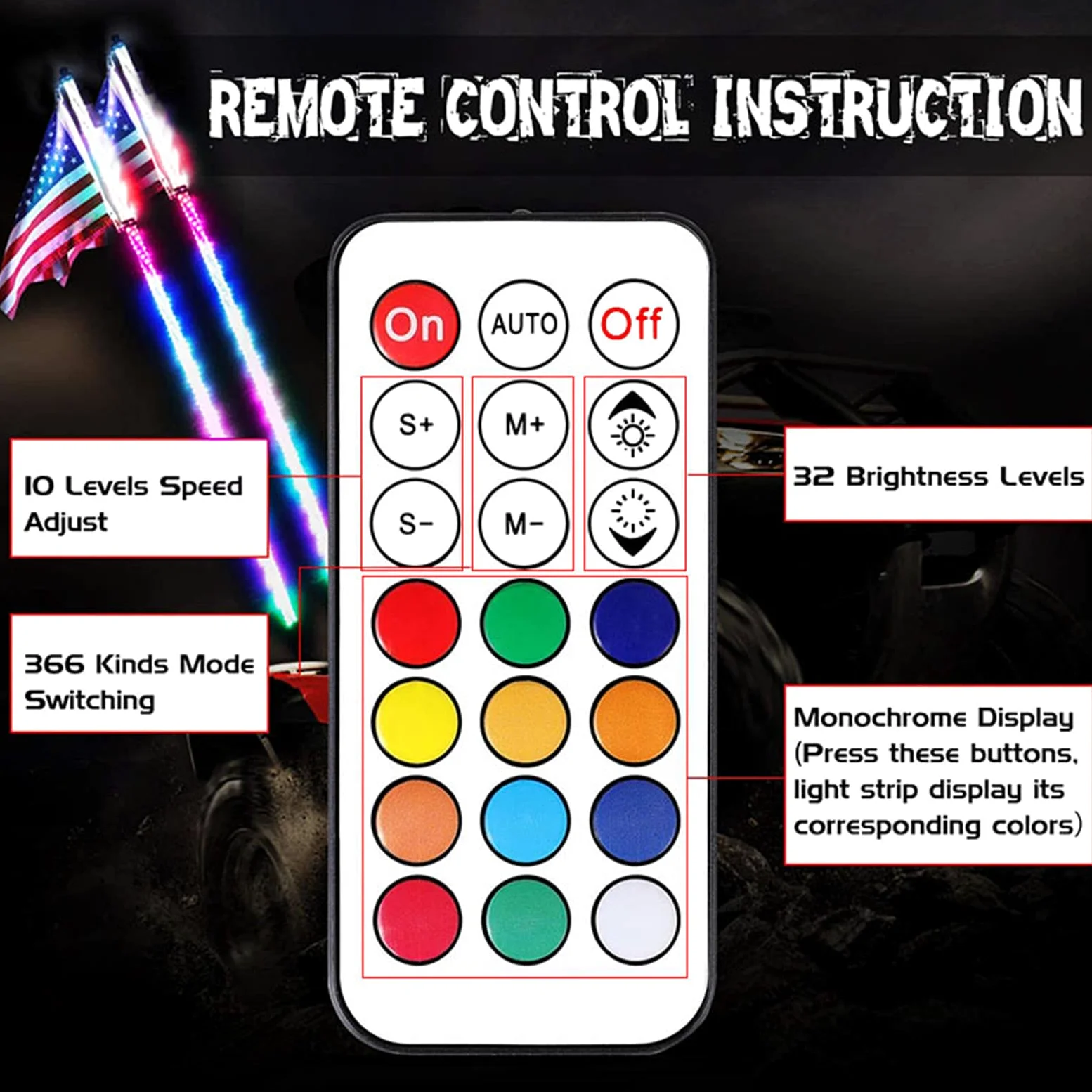 2 luces de látigo LED RGB en espiral de 3 pies con control remoto, luz de persecución/baile, látigos de antena iluminados de advertencia todoterreno, 366 modos para Can-am ATV UTV RZR Polaris Dune Bug