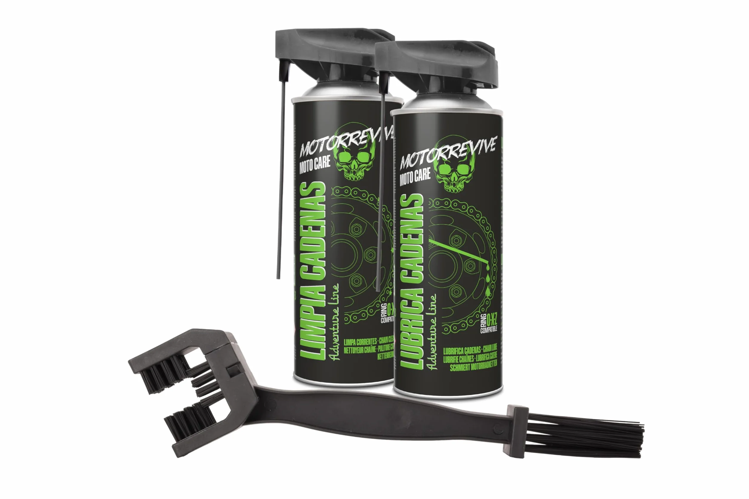 Pack Adventure Line con Limpiador, Lubricante y Cepillo para Cadenas de Moto Off-Road 380 + 380 ml | Mantenimiento Completo para Motocross, Enduro y Rutas Todo Terreno