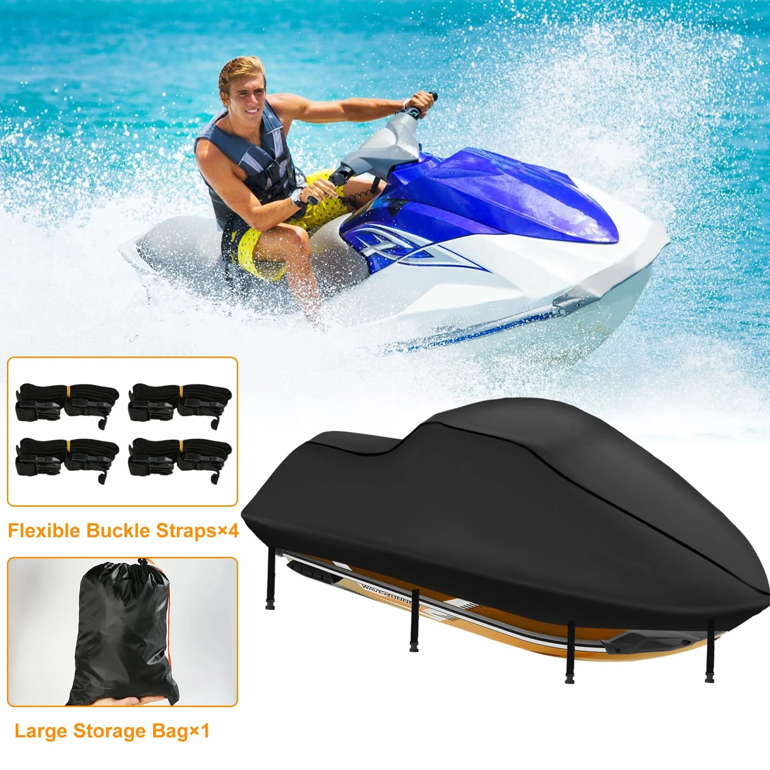 Funda de Jet Ski 420D Impermeable, Funda de Jet Ski 3 Asiento, con 2 Orificios de ventilación, Resistente a los Rayos UV, Compatible con Waverunner Polaris, 291-318cm