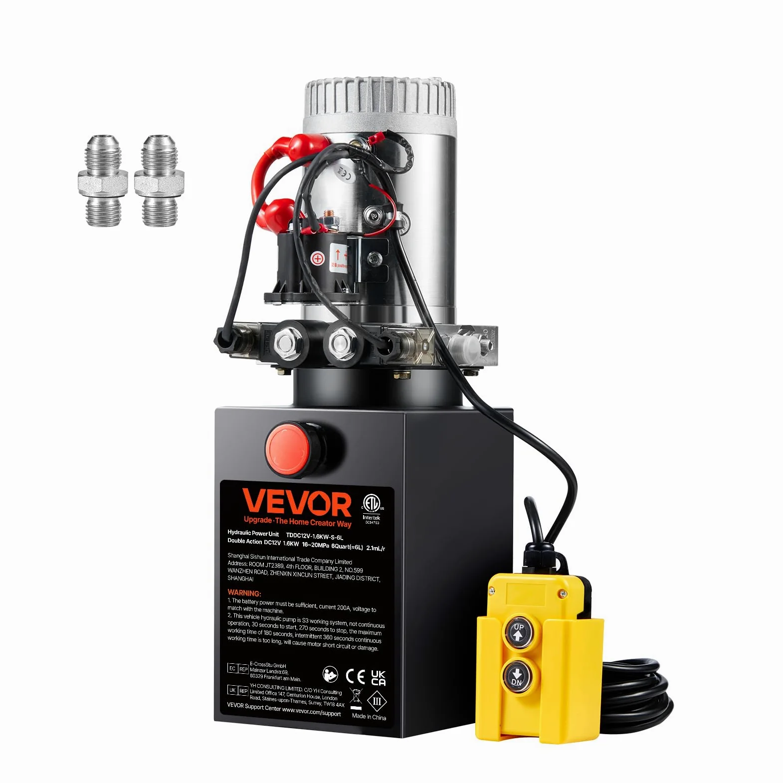 VEVOR Bomba Hidráulica DC 12 V 6 L Unidad Hidráulica de Doble Acción Flujo de Aceite 3,44 L/min Presión Máxima de Descarga 22 MPa para Volquete, Plataforma Elevadora, Remolque, Elevación y Descarga