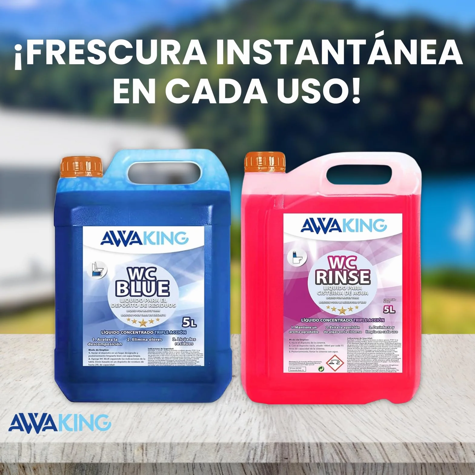 Liquido WC Quimico Caravana WC Blue 5L + Rinse 5L,Liquido Autocaravanas Aditivo Aguas Negras + Concentrado Taza WC Cisterna,Caravanas,Depósito Residuos Autocaravanas,Sanitary Fluid,Líquido Potty