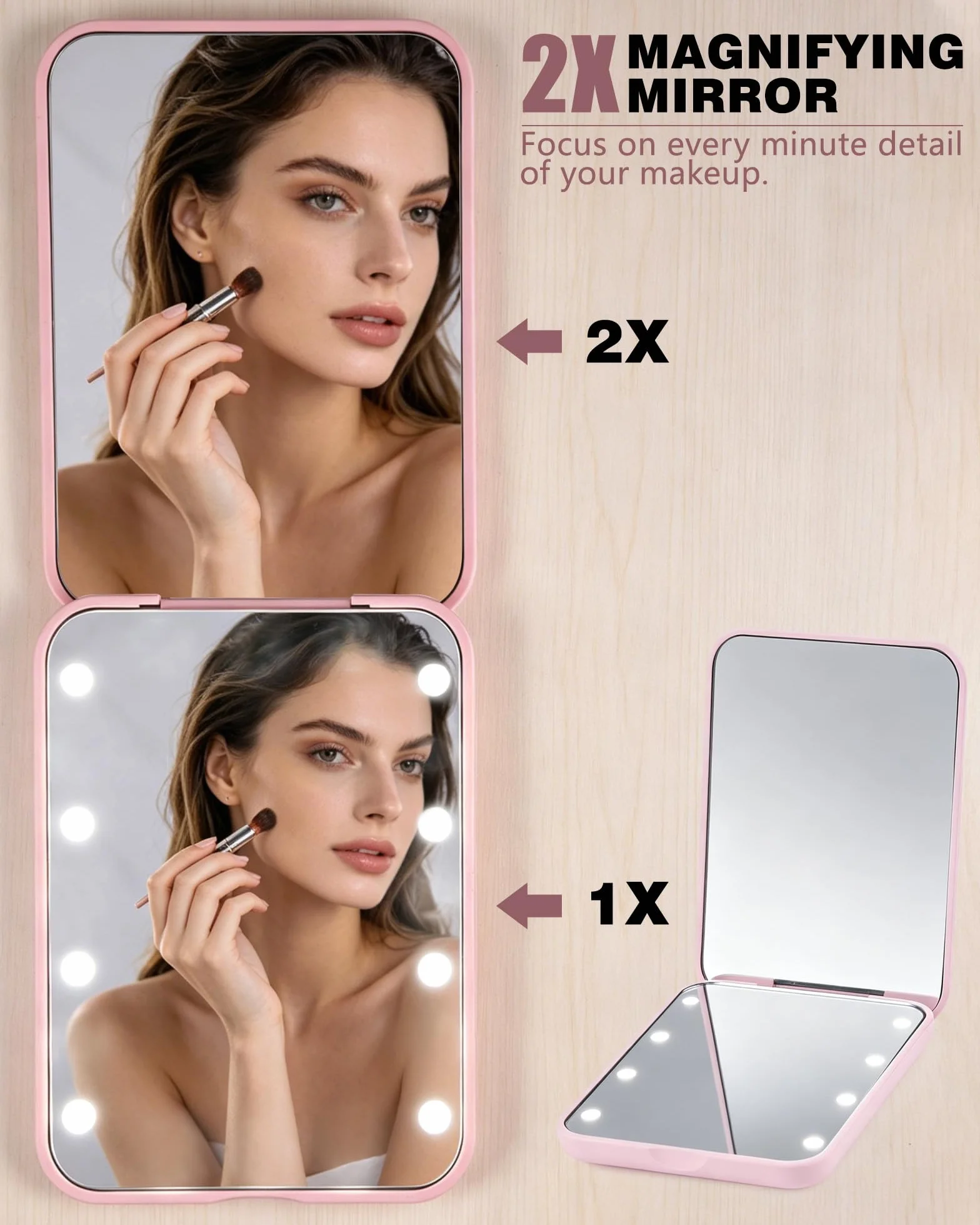 Espejo Maquillaje con Luz LED Plegable Aumento 1x/2x Portátil Rosa