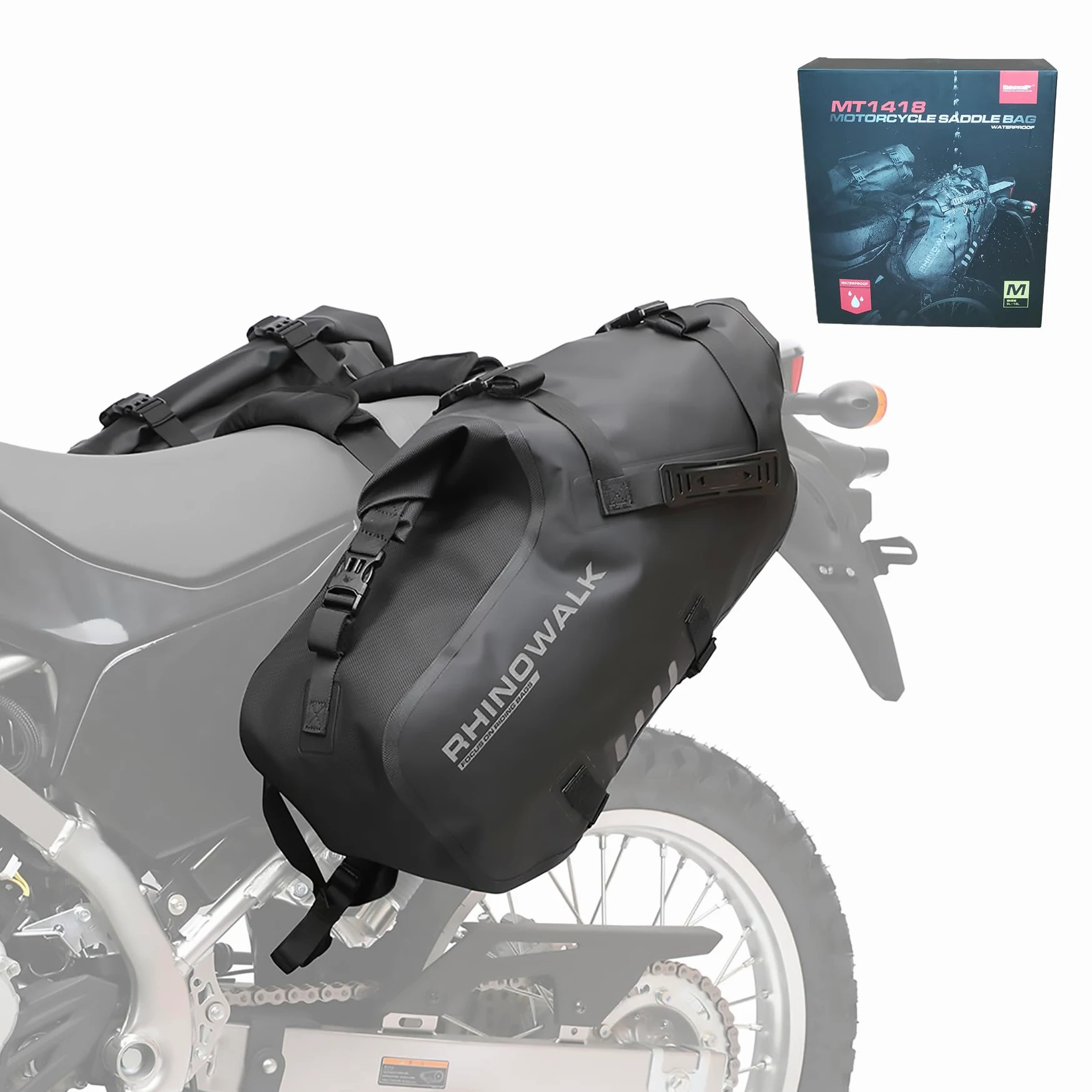 Rhinowalk Alforja impermeable para sillín de motocicleta, bolsa trasera PVC, cierre enrollable, 18 L
