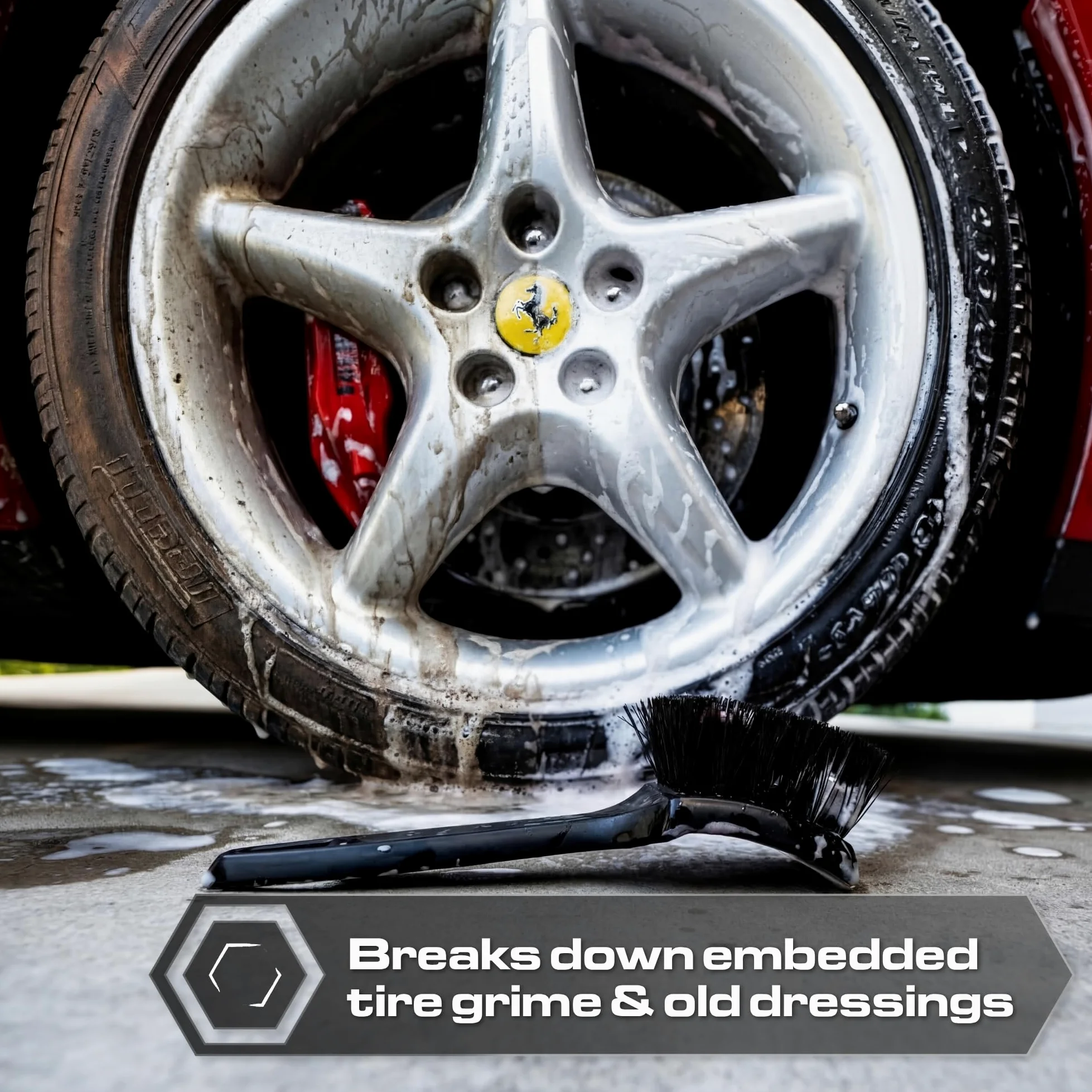 Blackline Cepillo de neumáticos de cerdas rígidas, herramienta de detalles de coche resistente para neumáticos, cepillo de limpieza profunda de alto rendimiento, ideal para eliminar suciedad y
