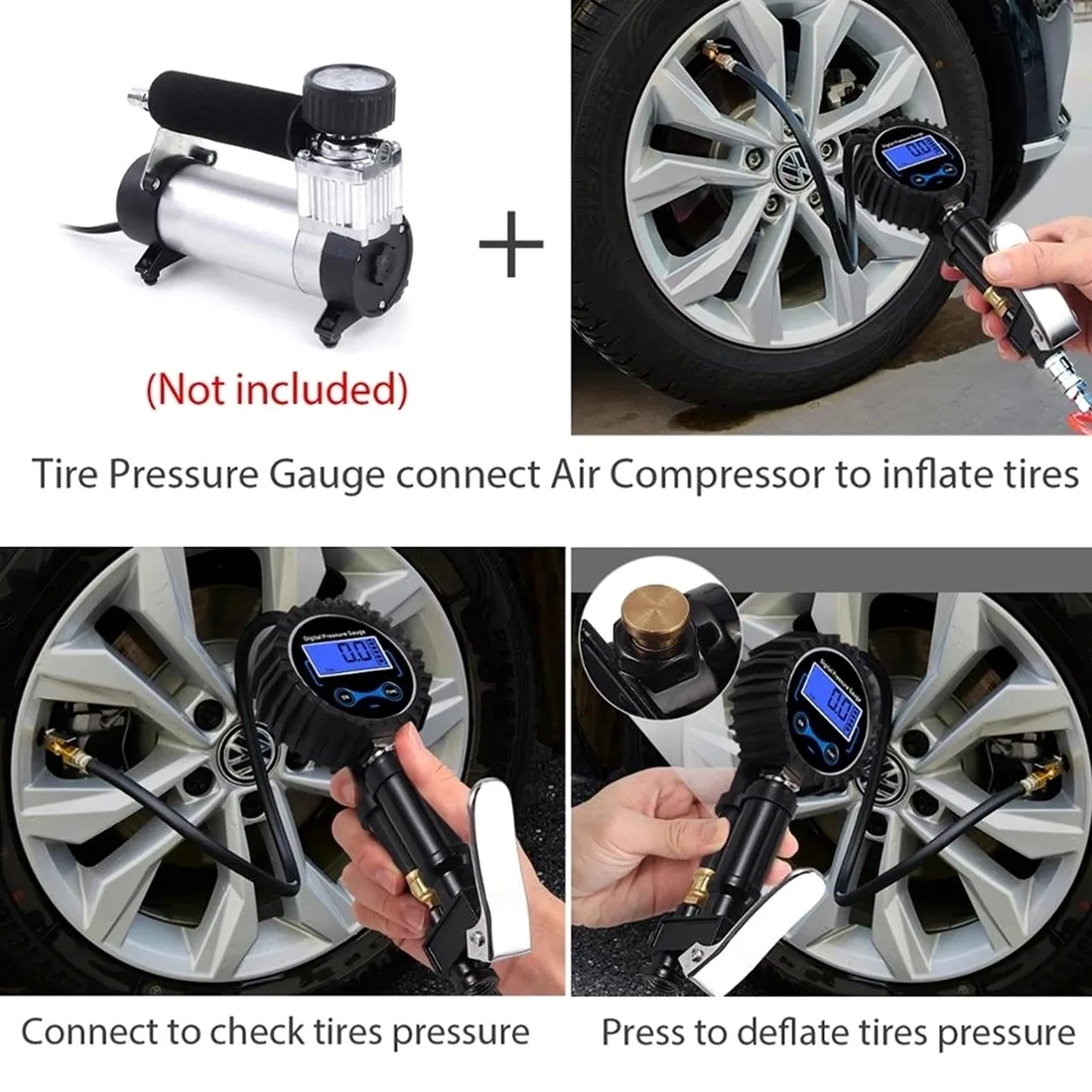Inflador de neumáticos Digital 0-200PSI con manómetro con 4 Tapas de válvula Indicador de inflado de neumáticos de Acero con Manguera de Goma