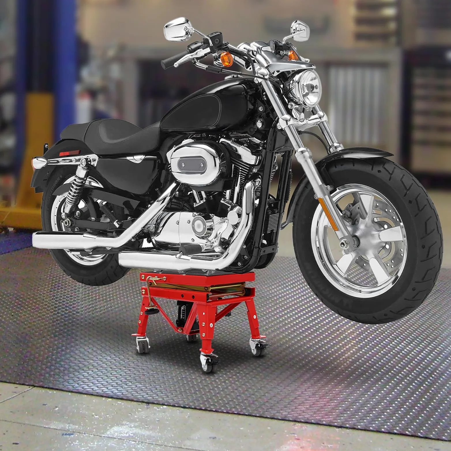 Plataforma elevadora hidráulica de motocicleta, altura ajustable, con 2 ganchos en J, suministrado con ruedas, rendimiento sin deformación, para talleres de reparación de automóviles, tiendas de