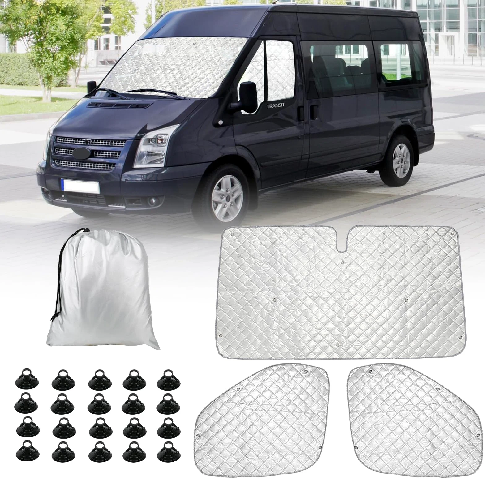 Parasol para Parabrisas Reemplazo para Ford Transit Van MK8, 3 Piezas Protector de Parabrisas, Juego de Parasol Térmico Interno con Bolsa de Almacenamiento, 100% Oclusión | Juego de 3 protectores térmicos opacos para parabrisas con bolsa de almacenamiento
