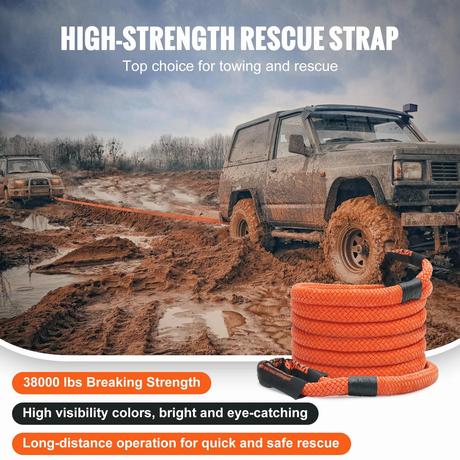 VEVOR Cuerda de Remolque de Nilón de Recuperación Cinética de 25,4 mm x 6,1 m, Carga de 17237 kg, Correa de Arranque Resistente de Energía de Elasticidad Extrema para Jeep, Camión, SUV, Tractor