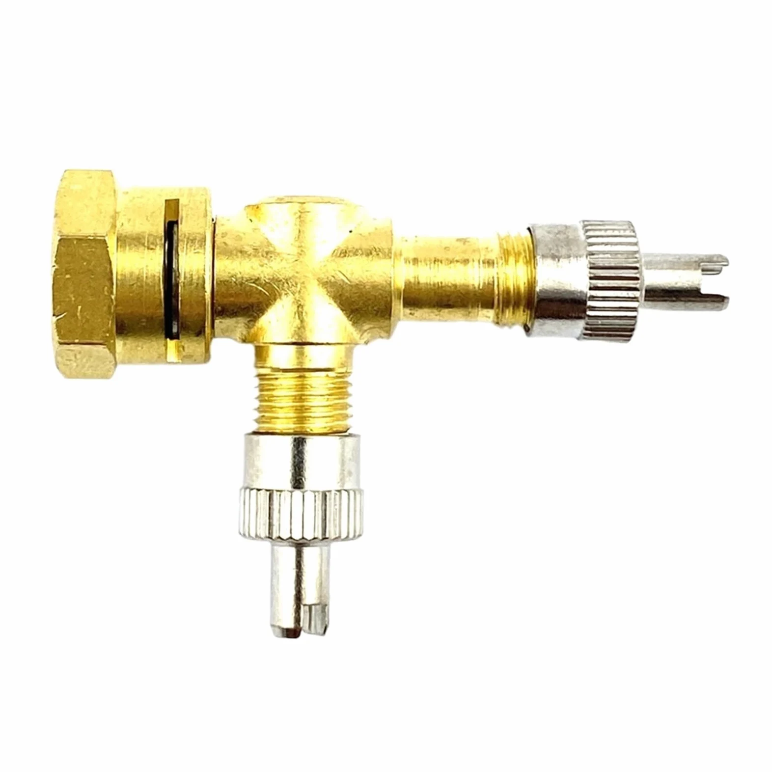 Adaptador de válvula en T de 3 vías, de cobre puro, amarillo, for depuración de neumáticos de coche, accesorios for válvulas de purga de neumáticos for motocicletas y automóviles.