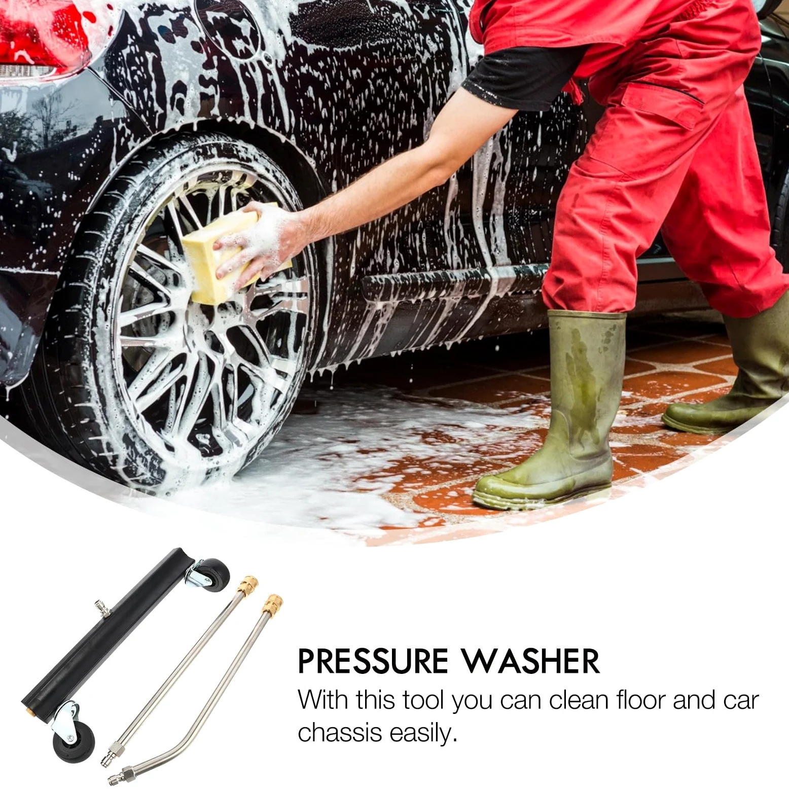 TOYANDONA Cepillo de Limpieza para Bajos de Vehículos Ruedas Giratorias, Acero Inoxidable, Conexión Rápida 1/4, Kit Barra Recta y Curva, Accesorio para Hidrolimpiadora de Alta Presión,