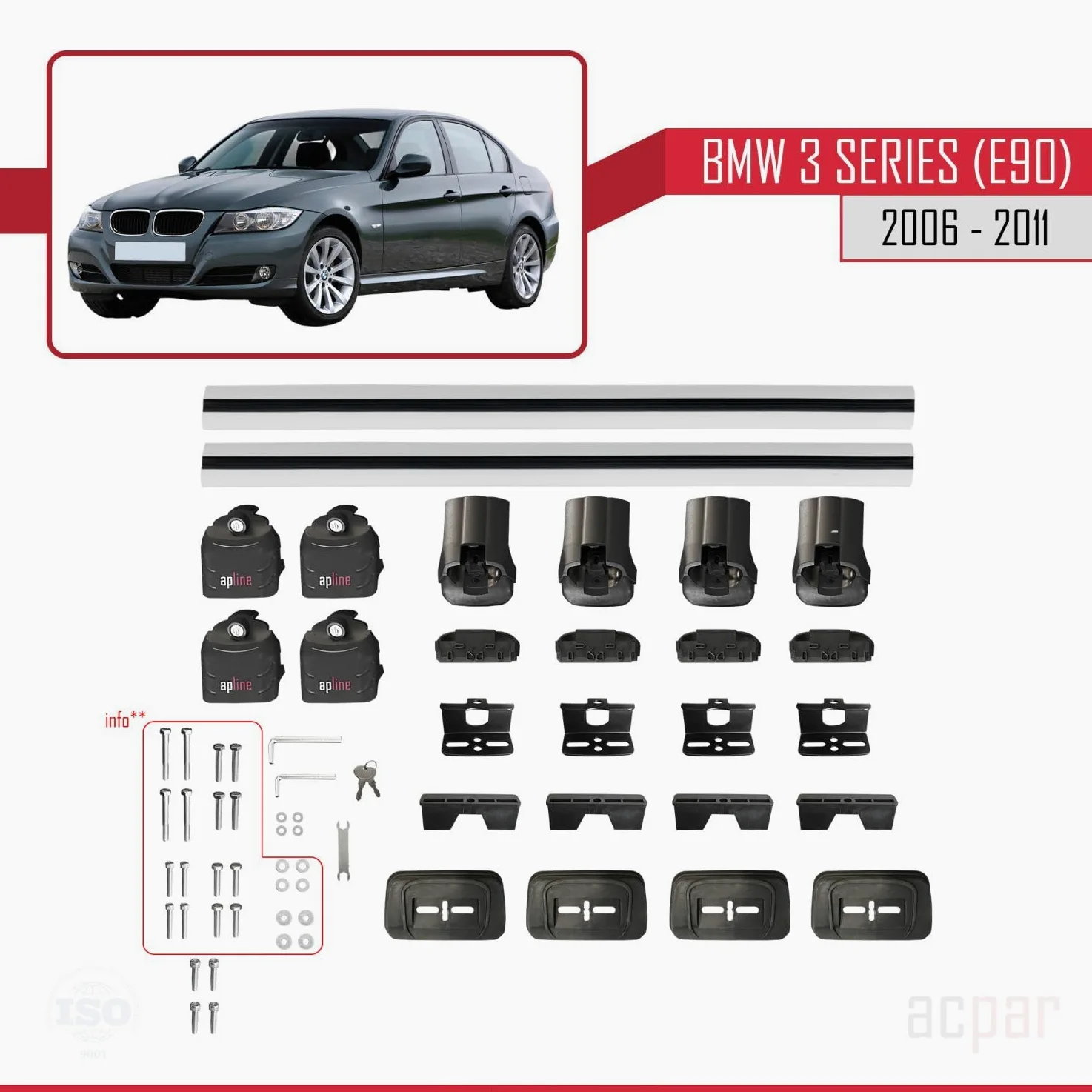 Compatible con BMW Serie 3 (E90) 2005-2012 Modelo Ace-3 Barra de Techo Auto Portaequipajes Barras Transversales Gris Aluminio 2 Barras