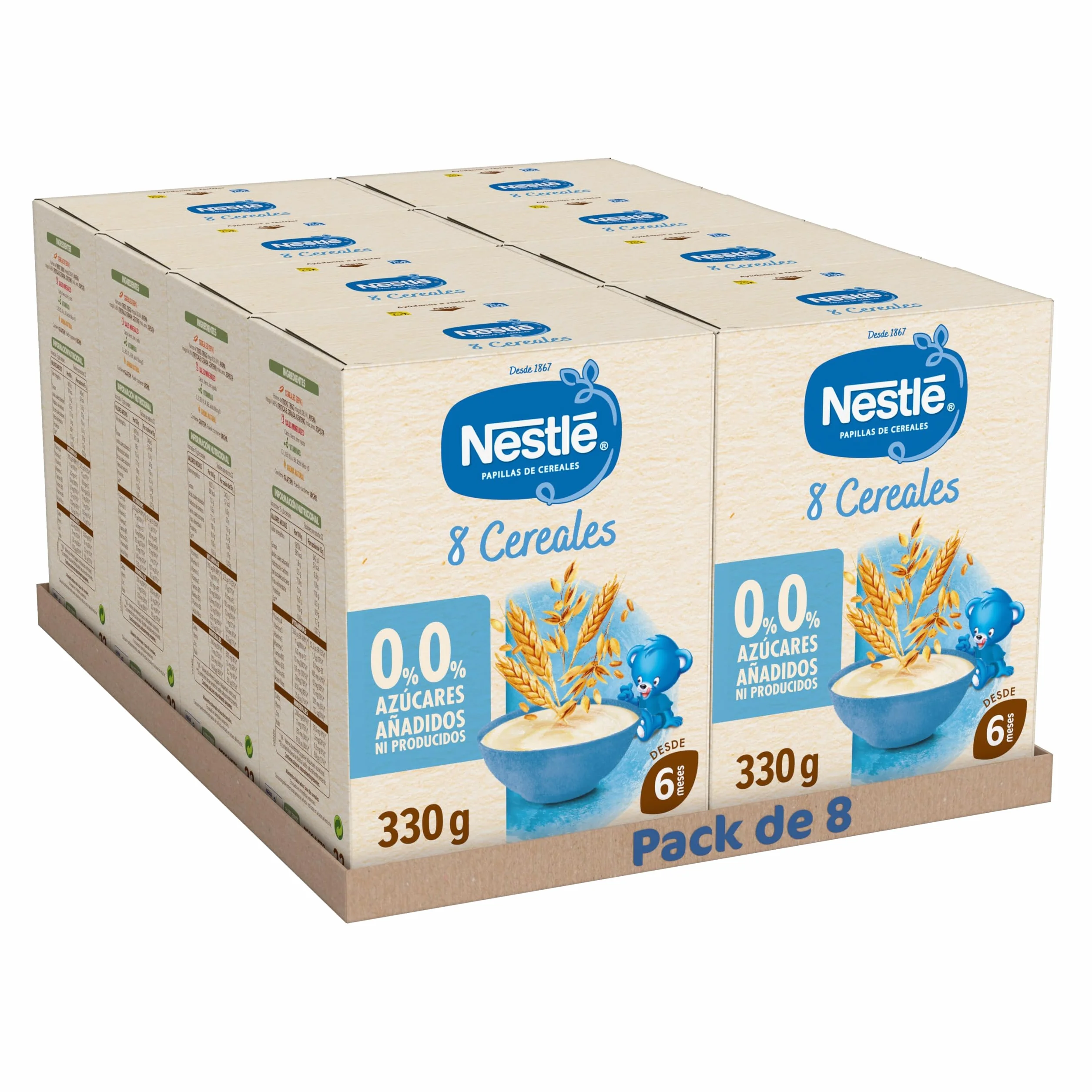 NESTLÉ Papilla 8 Cereales 330g sin azúcares añadidos pack de 8