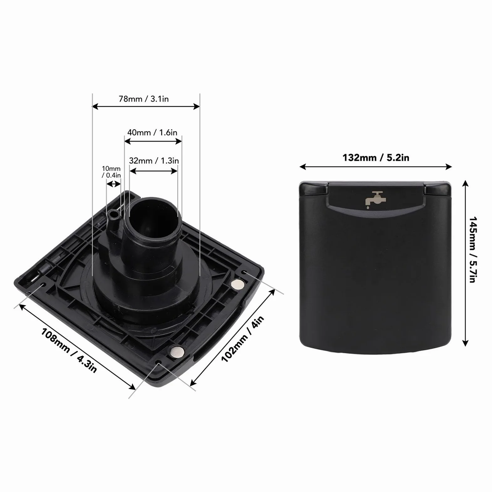 Interreno de Llenado de Agua RV, Escotilla de Llenado de Agua con Cubierta Magnética y Cerradura, 5.2x5.7in, Negro, Conexión de Agua para Botes de Autocaravana, Material de ABS,