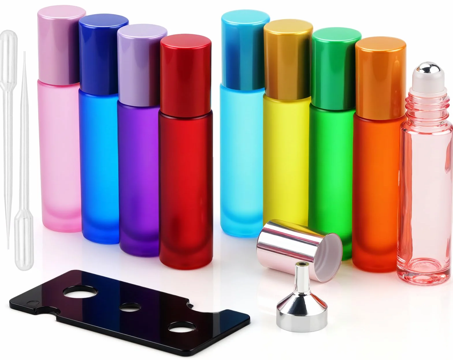 Juego de 9 botellas de cristal de 10 ml para aceite esencial con rodillo de acero inoxidable