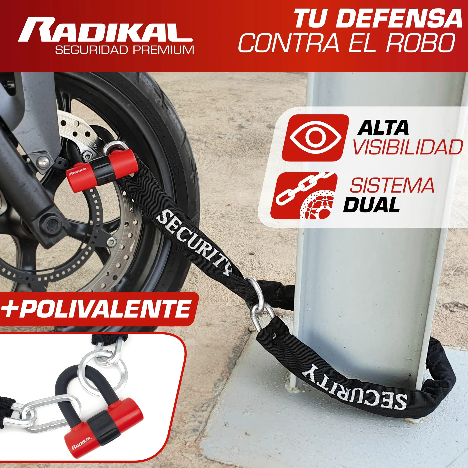 RADIKAL RK72120L Candado Antirrobo Mini U con Cadena Lazo 120 cm, Más Polivalente para Candado Moto Disco +Cable, Cerradura Alta Seguridad y Doble Cierre Antirobo Universal para Moto Scooter Bicicleta