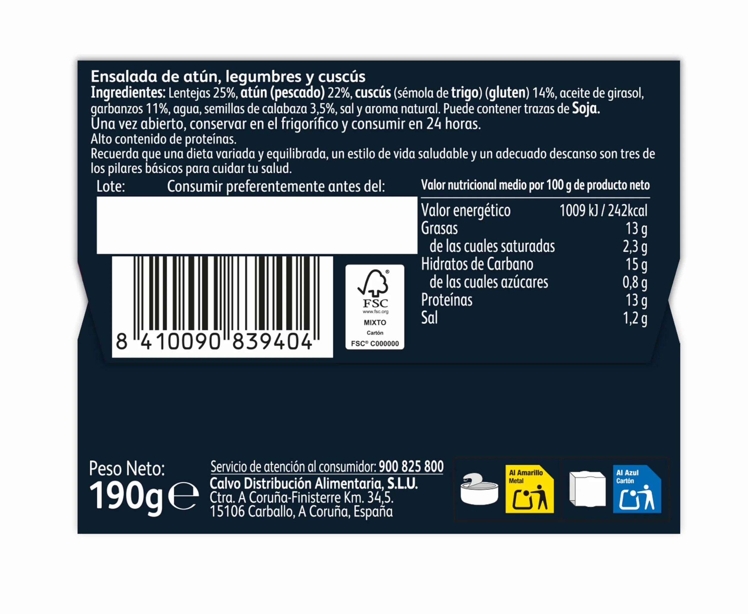 Calvo Ensalada +PRO Atún, Legumbres y Cous Cous 190g