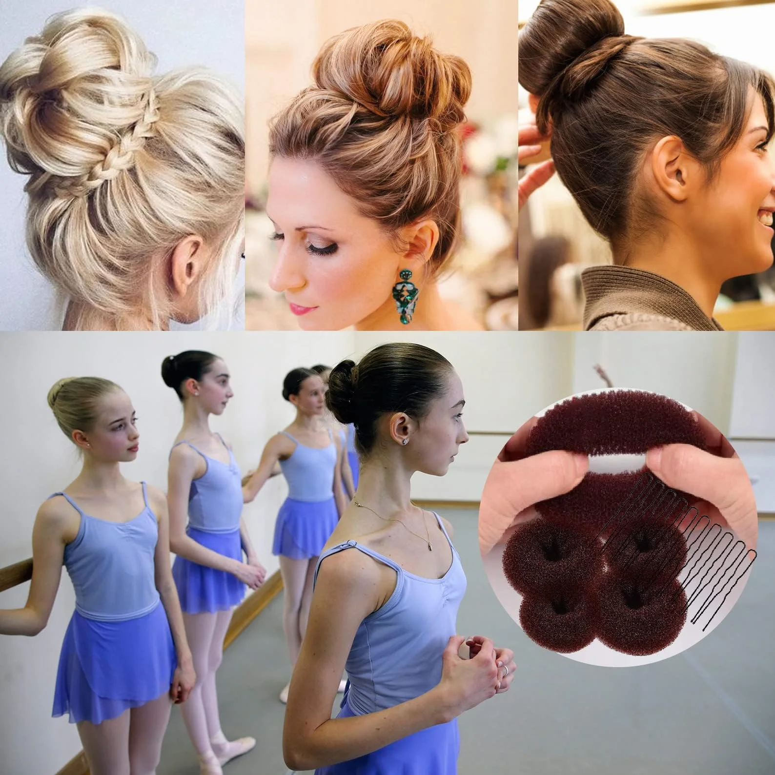 Set de moños en forma de donut, 4 piezas, herramienta para hacer moños con 10 pinzas en forma de U