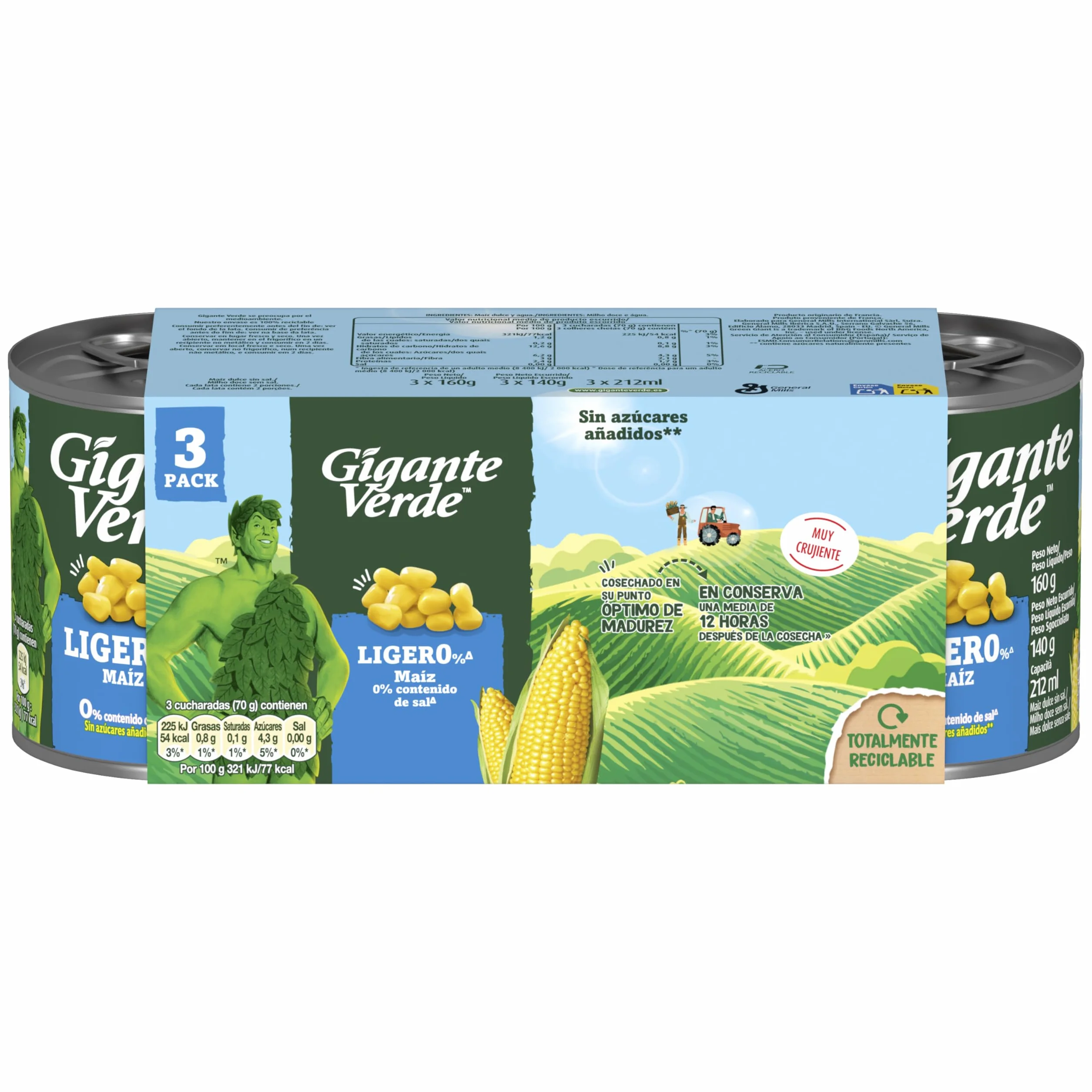 Gigante Verde Tripack Lata De Maíz Dulce Ligero 0% Sal 3 x 160 g