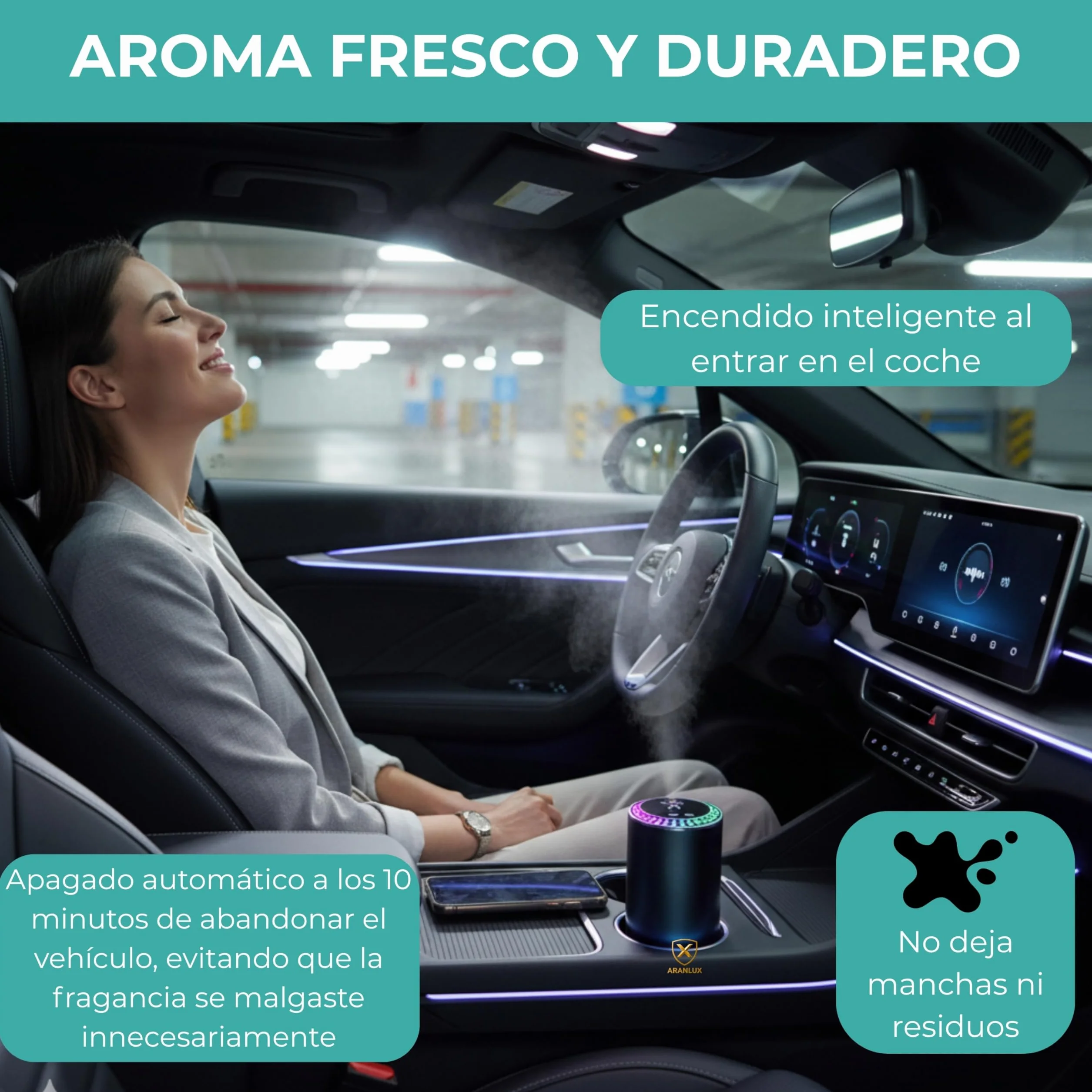 Ambientador de coche eléctrico 50ml - XL Larga duracion, intensidad regulable e ideal para viajes diarios, vacaciones y vehículos profesionales - Ambientador Inteligente para coche(Colonia)