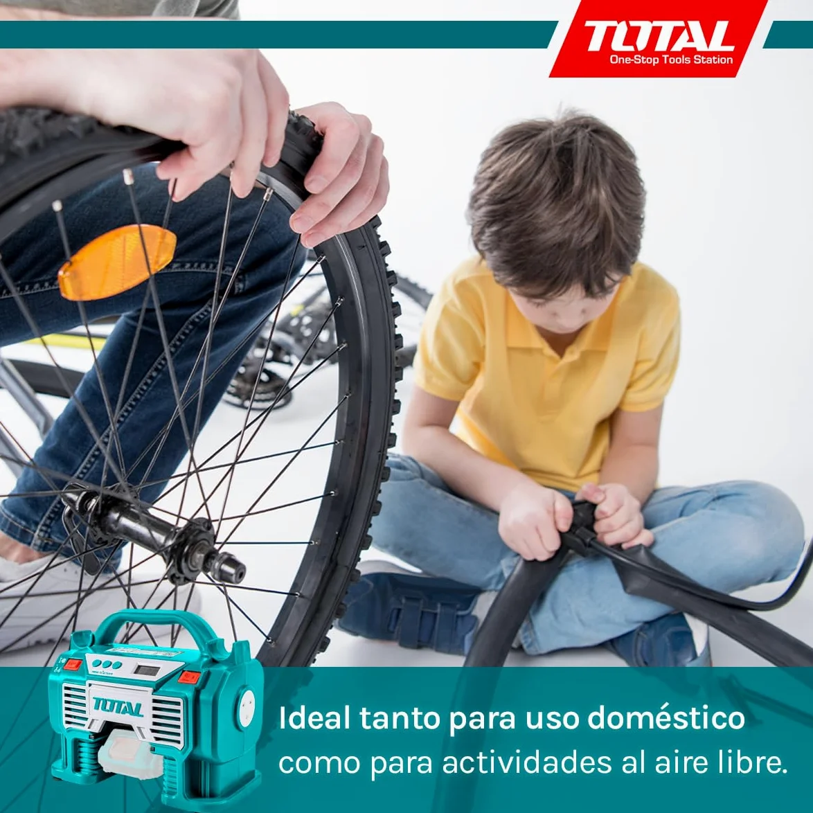 TOTAL - Compresor Híbrido a Batería P20S de 20 V - Bomba de Aire Eléctrica para Inflar Balones, Colchones y Neumáticos - Cargador de 12 V para Coche - Incluye Adaptadores