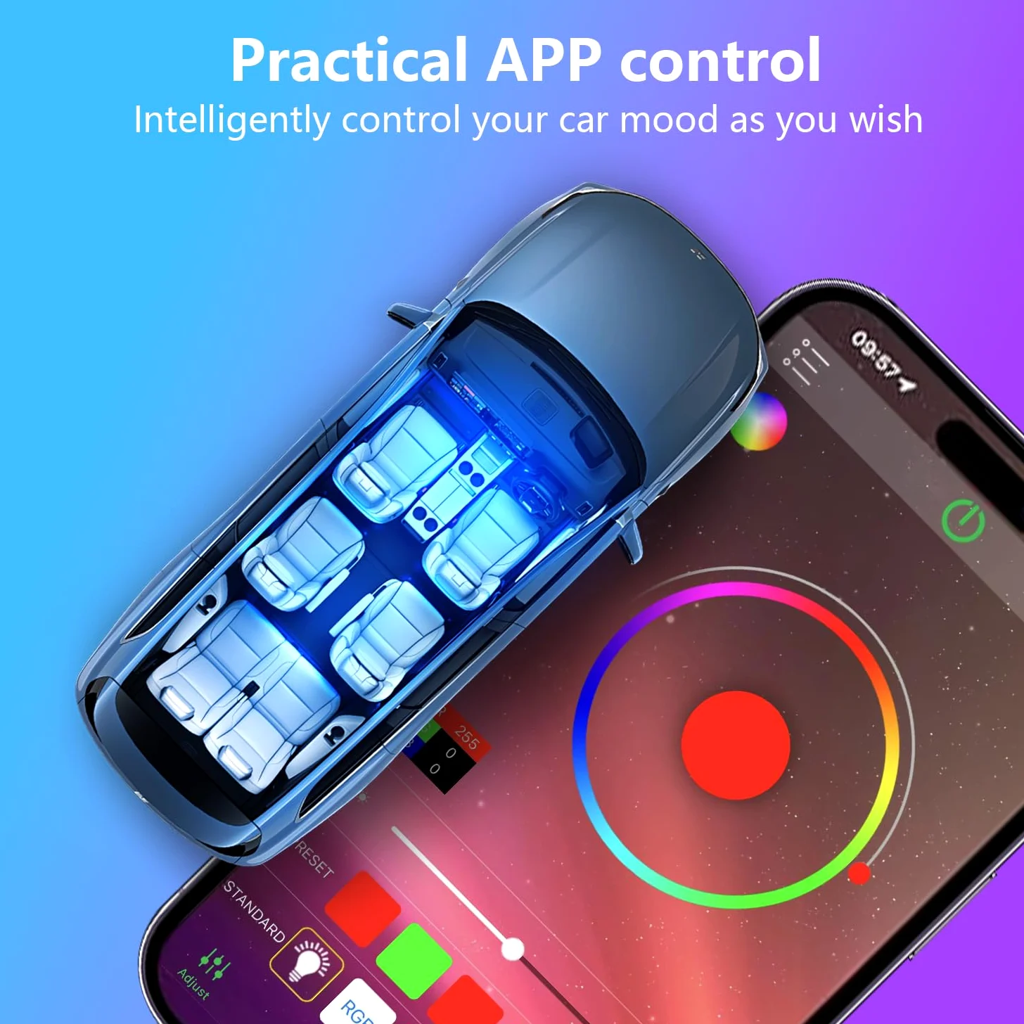 Tiras de luz LED para coche con control de aplicación inteligente de 4 hilos, kit de 72 luces LED multicolor con sincronización de música para coches, camiones, SUV a través de encendedor de