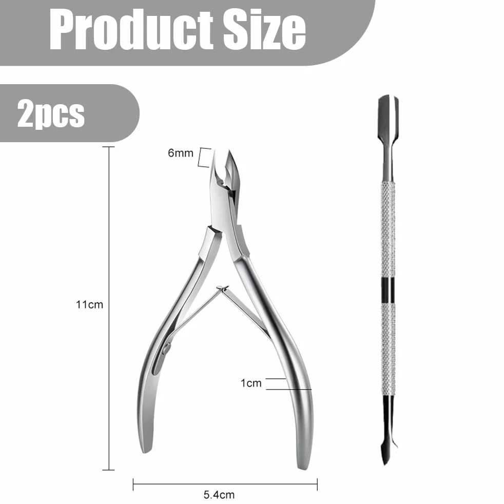 2 Piece Cuticle Nipper and Cuticle Pusher Set, Stainless Steel Cuticle Nippers/Nail Clippers/Trimmers and Scissors for Fingernail/Toenail Trimming