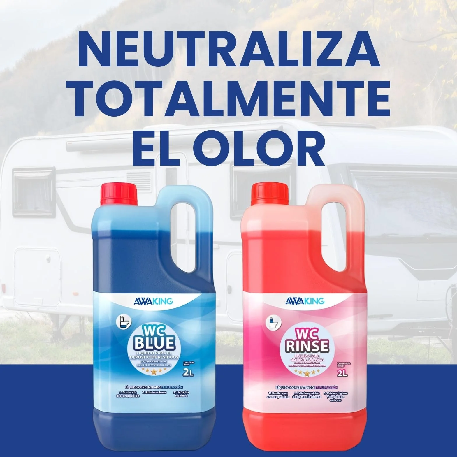 PLANTAWA Líquido Químico Blue 2L + Rinse 2L | liquido wc quimico caravana y wc portatil | liquido autocaravana wc con acción desodorizante | Fácil de usar y transportar