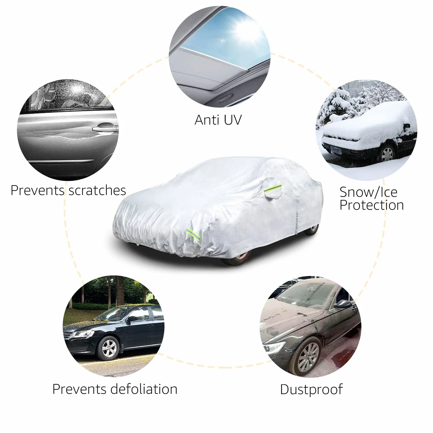 Amazon Basics Funda resistente a la intemperie para vehículo, poliéster de tipo Oxford de 150 D, para sedanes de hasta 483 cm, Plateado