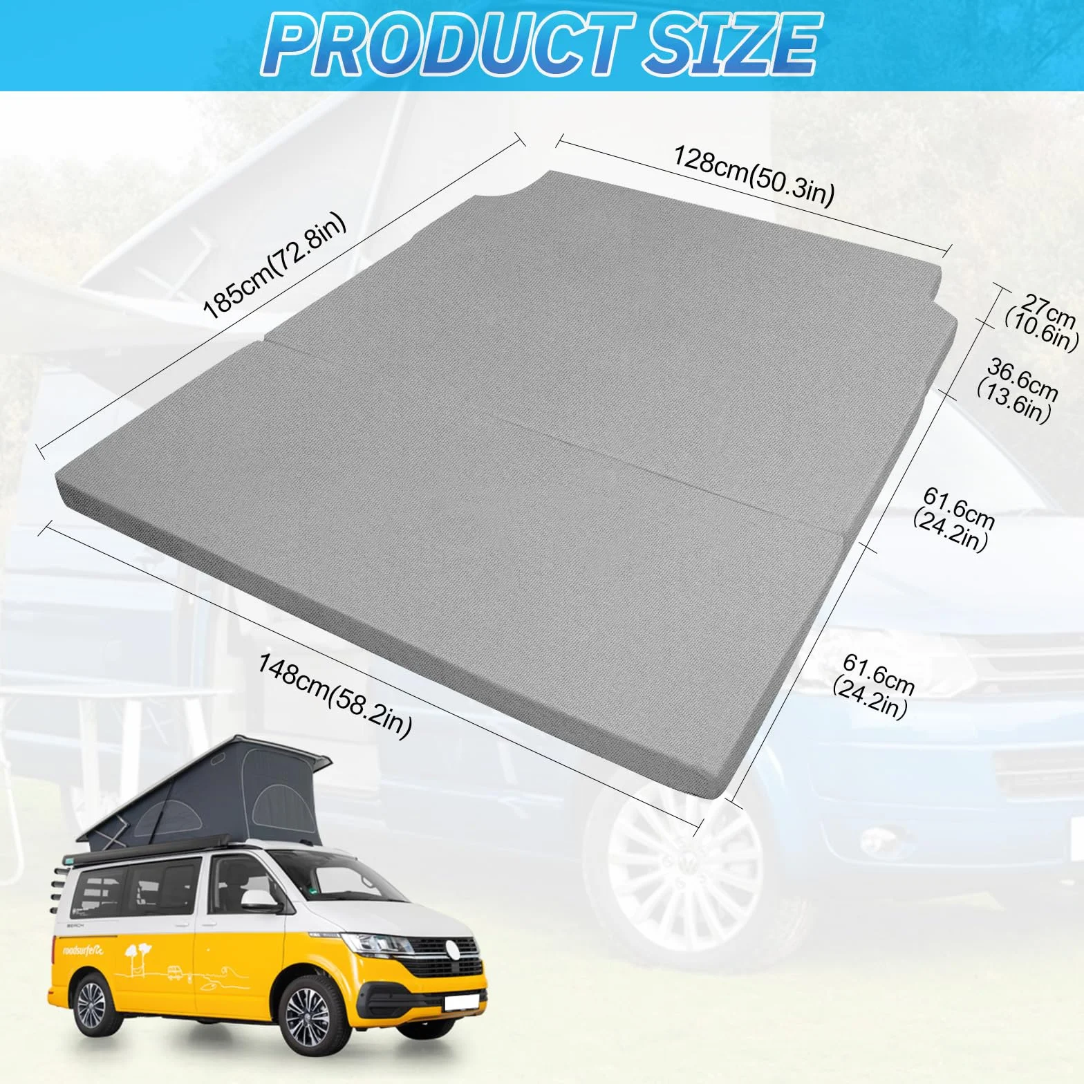 Colchón para VW T4 T5 T6 T6.1 Multivan California Beach Caravelle Transporter, gris Colchón plegable desplegable 185x148x8cm