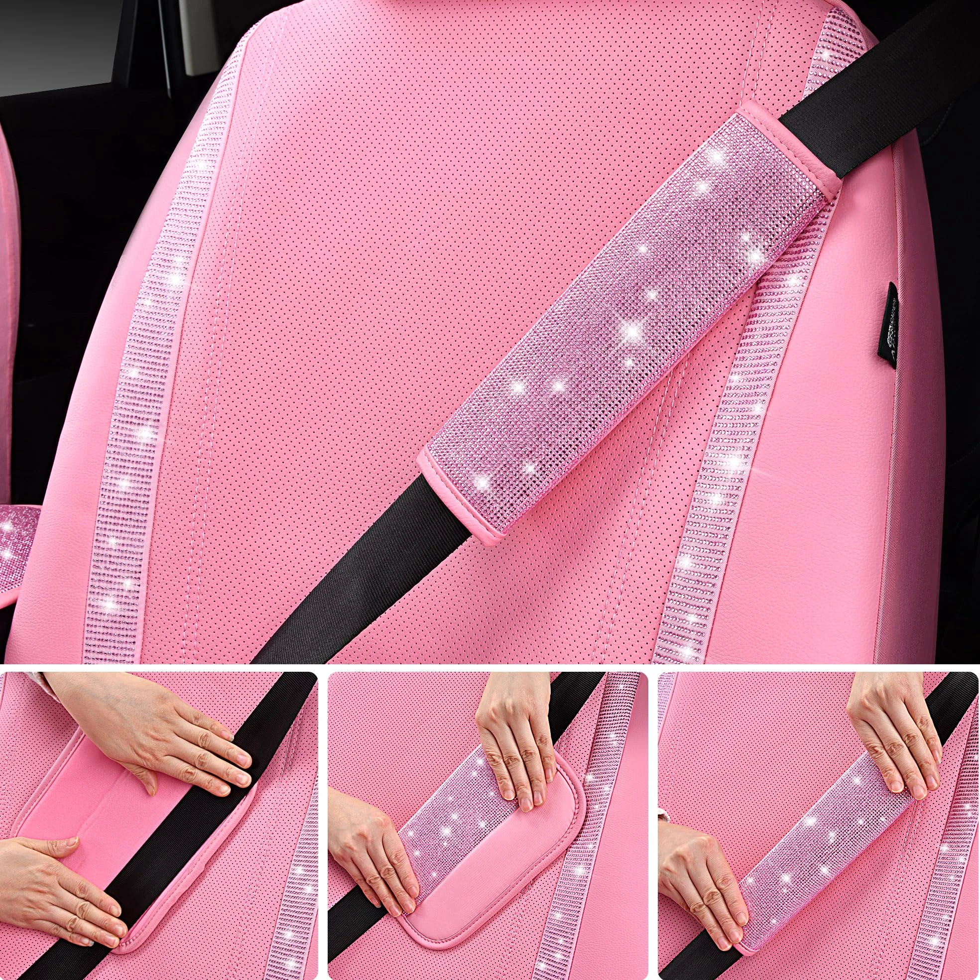 CAR PASS Juego de 24 accesorios de diamantes rosas para mujer, fundas de asiento de cuero, funda de volante de 15 pulgadas, ganchos brillantes de diamantes de imitación, posavasos, bonitas