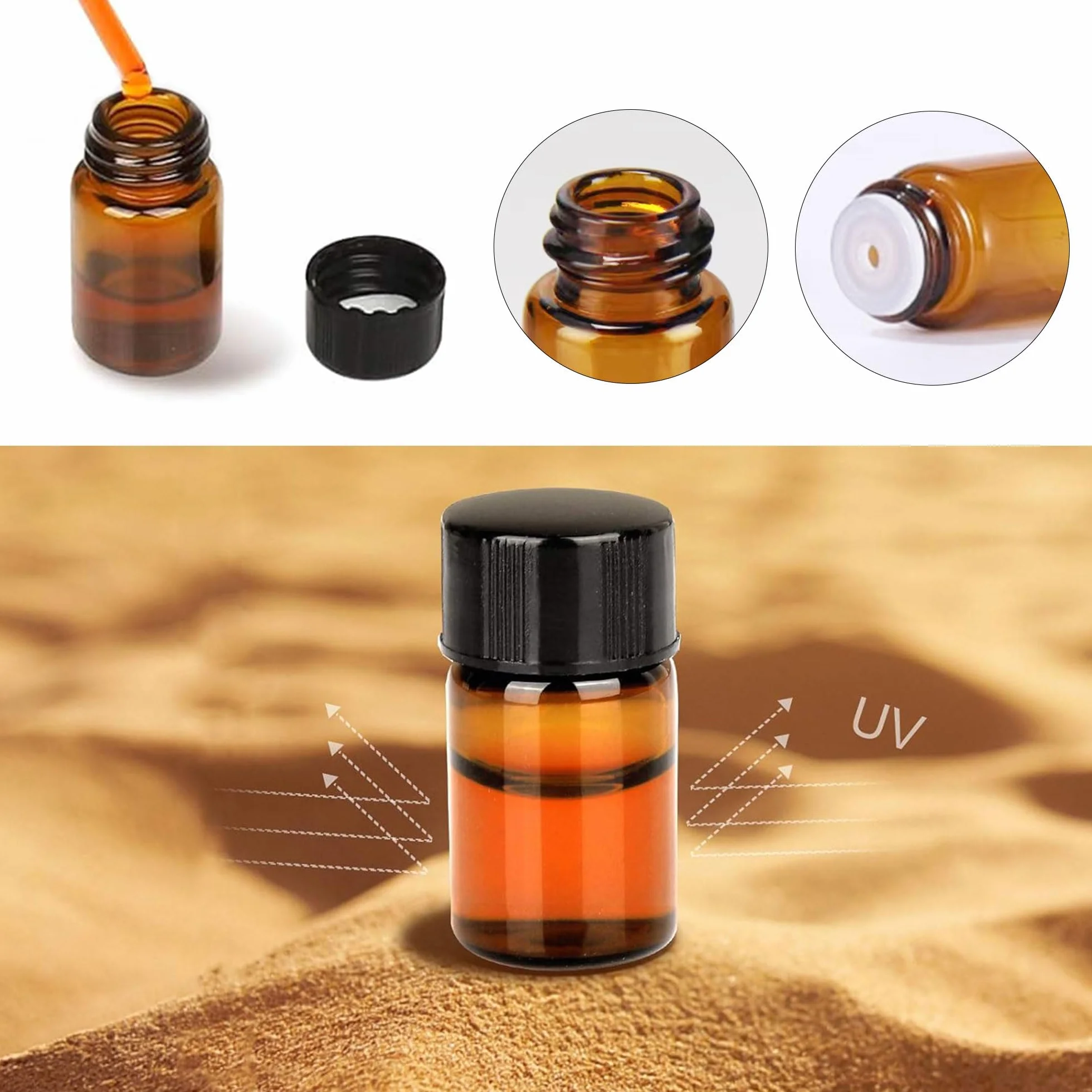 Botellas de cristal ámbar 1 ml mini con pincel y cortador para aceites esenciales