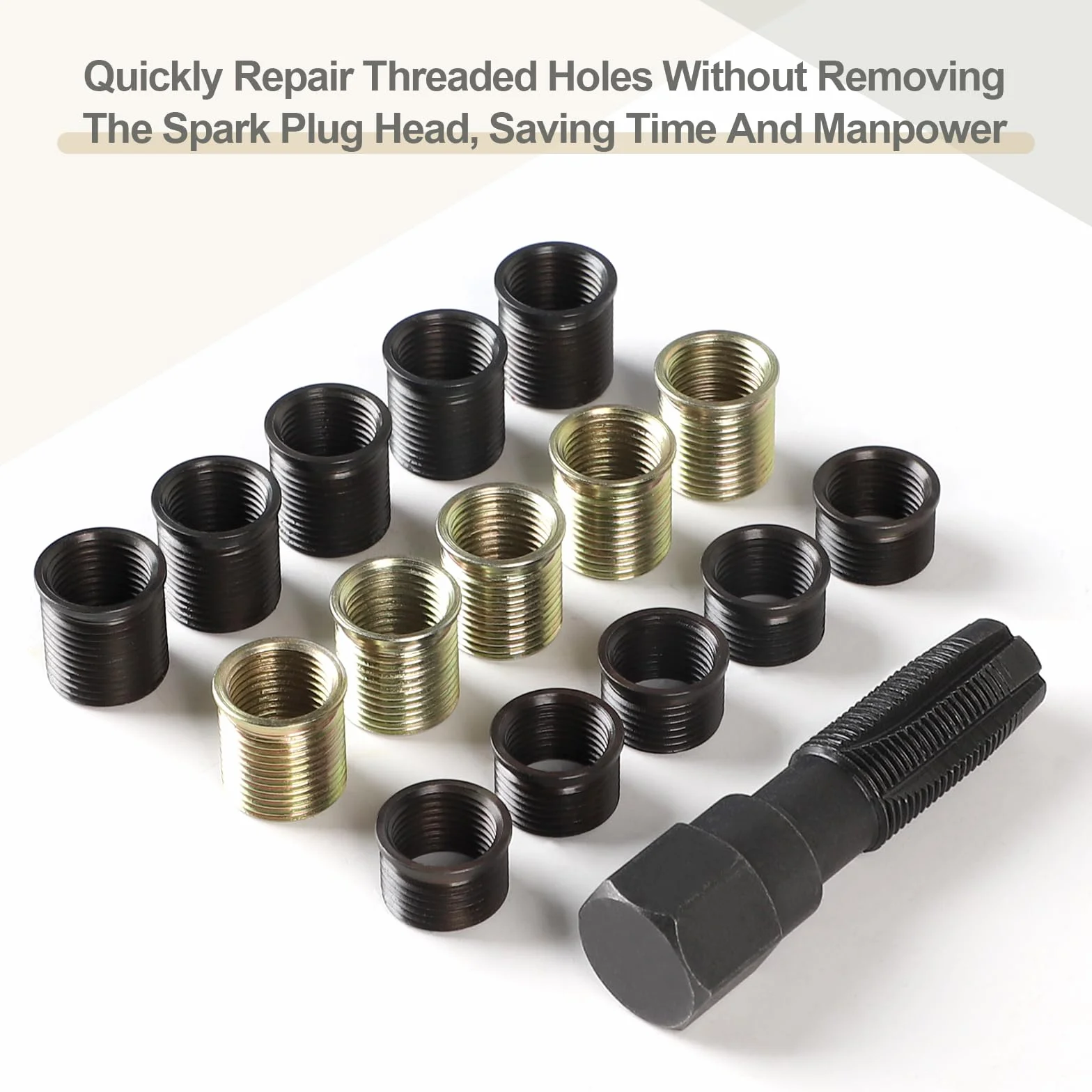 efuturetime 16 Piezas Kit de Reparación de Roscas de Bujías M14 X 1,25mm, Reparar Roscas de Bujías Dañadas en Culata Coches y Cortacéspedes Motores