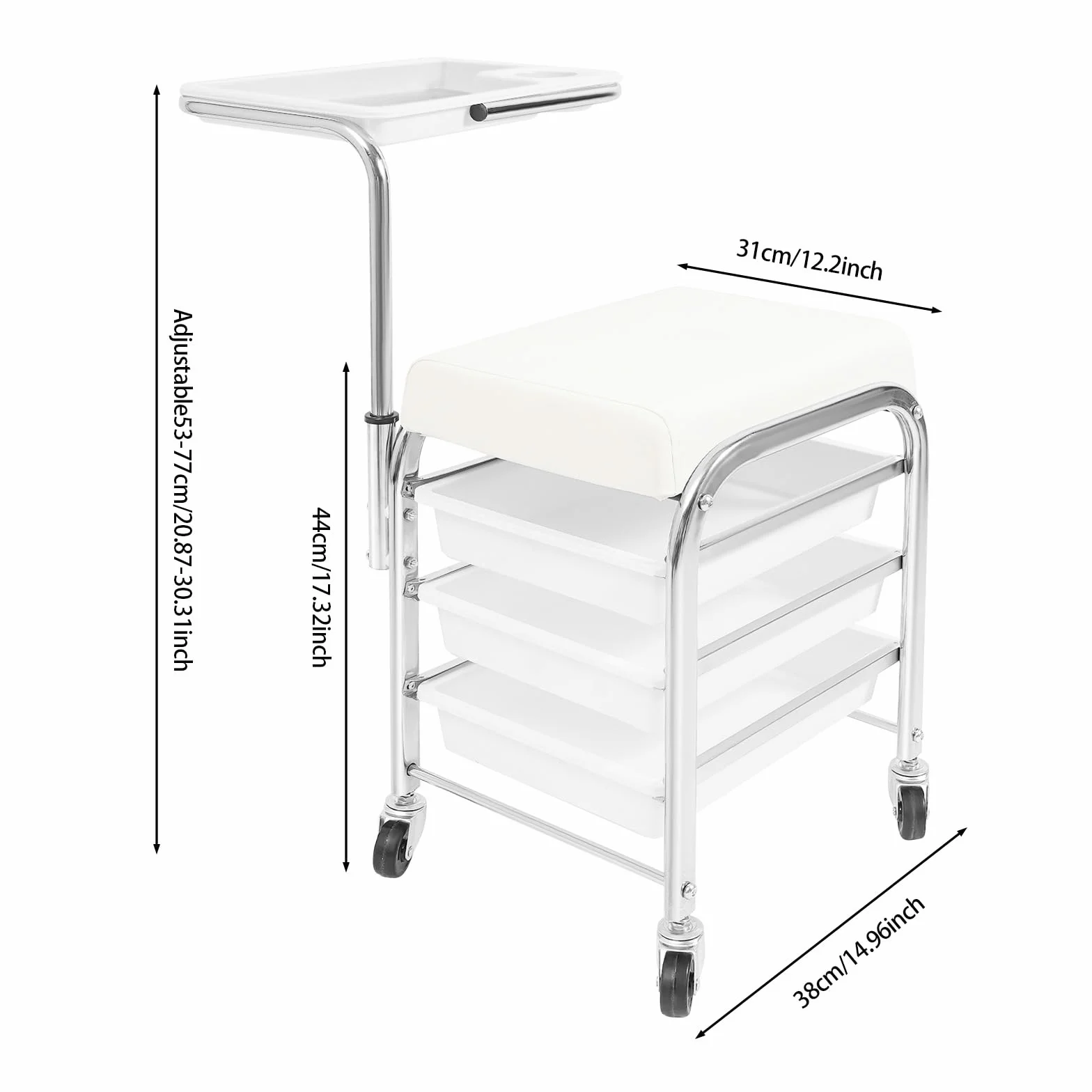Carro de manicura regulable en altura blanco 100 kg 3 capas ruedas bandeja 20,87-30,31 pulgadas 12,2 x 14,96 x 17,32 pulgadas