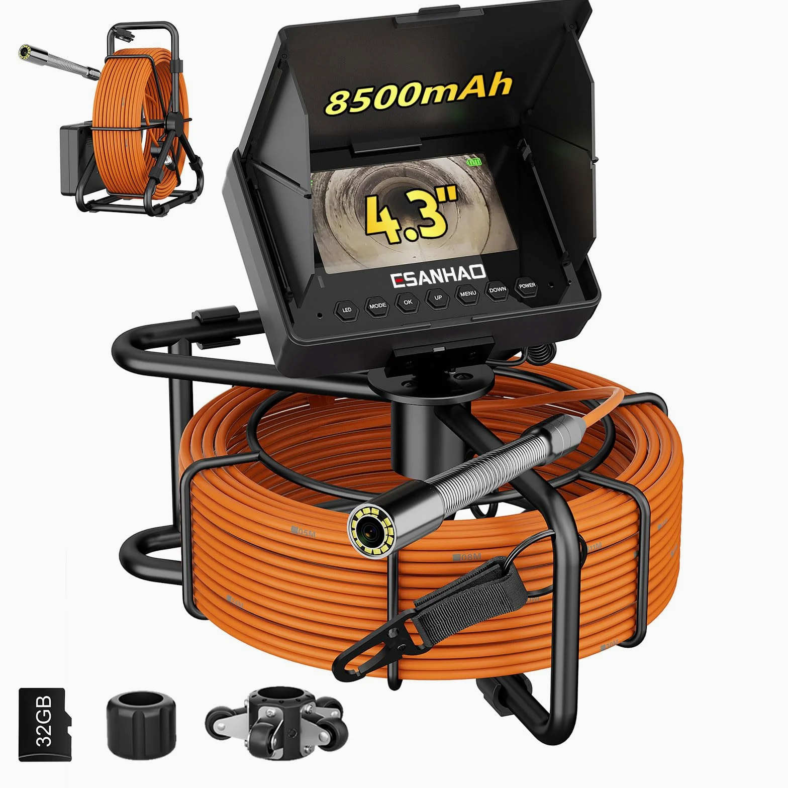 Cámara de Inspección, 4,3" Cámara para Tuberías con Función DVR, Snake Camara con Batería de 8500mAh y Marcadores de Metros, 23mm Endoscopio Industrial con 12 Luces LED (30M)