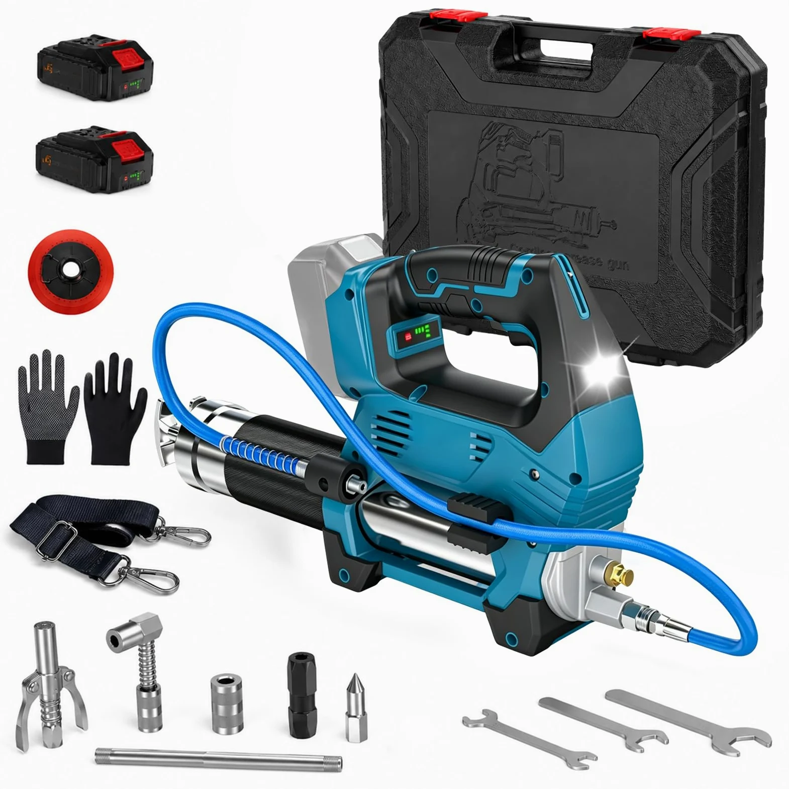 12.000 PSI Engrasadora Bateria Kit - Set Completo con 2 Baterias Premium de 2,0 Ah, Manguera Flexible de 1 M, Luz Led Brillante Y Motor Sin Escobillas Potente, 3 Velocidades Variables
