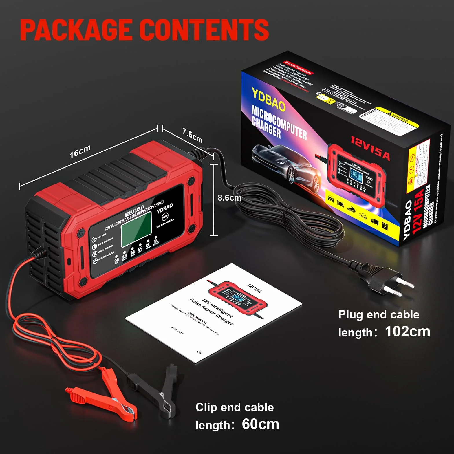 YDBAO 12V 15A Cargador de Batería de Coche Cargador Baterias Coche y Moto Inteligente con Reparación y Pantalla LCD y Múltiples Protecciones Cargador bateria para Coche Moto AGM SLA Gel LiFePO4