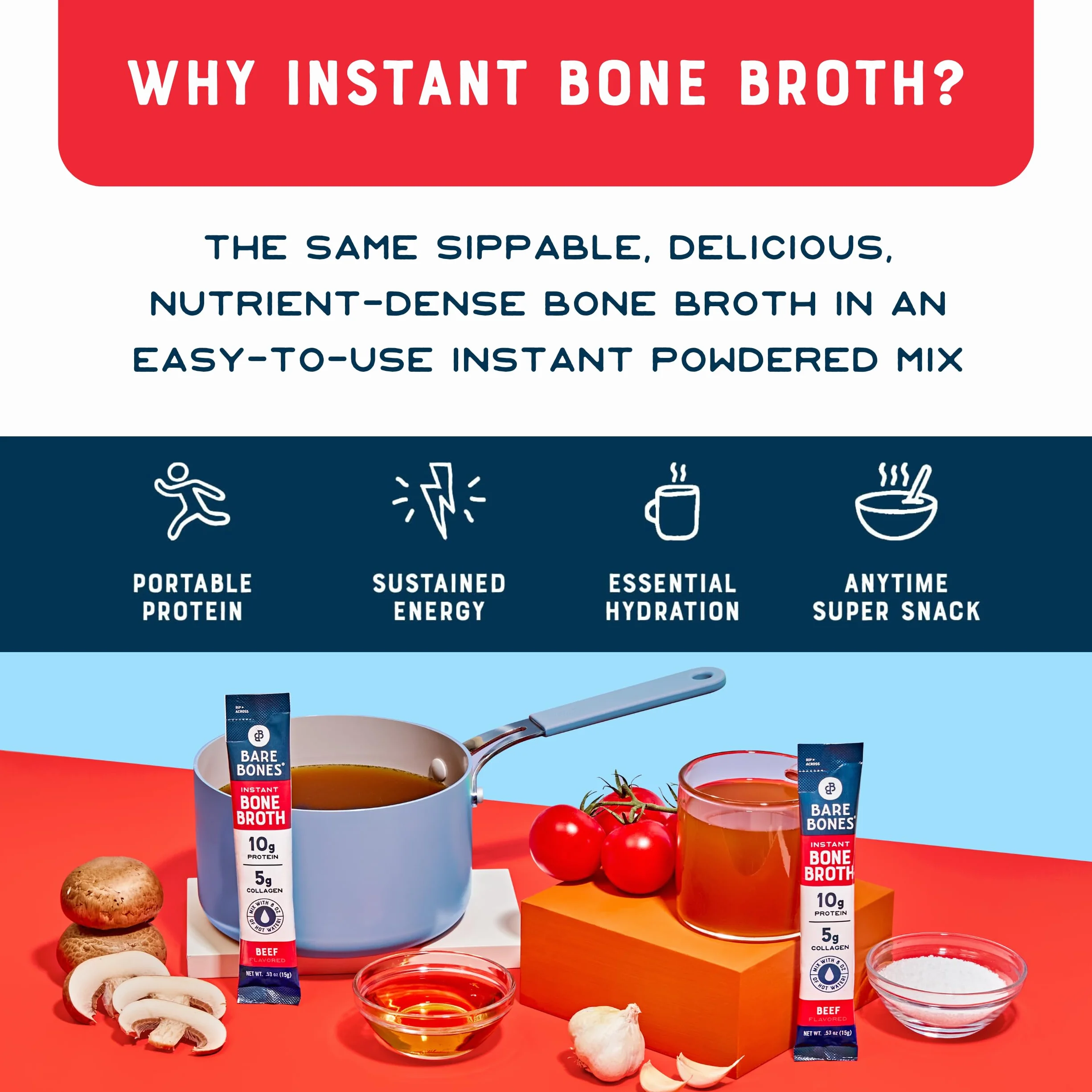 Bare Bones Caldo de hueso instantáneo en polvo proteínas 10 g Keto Paleo paquete 16 porciones