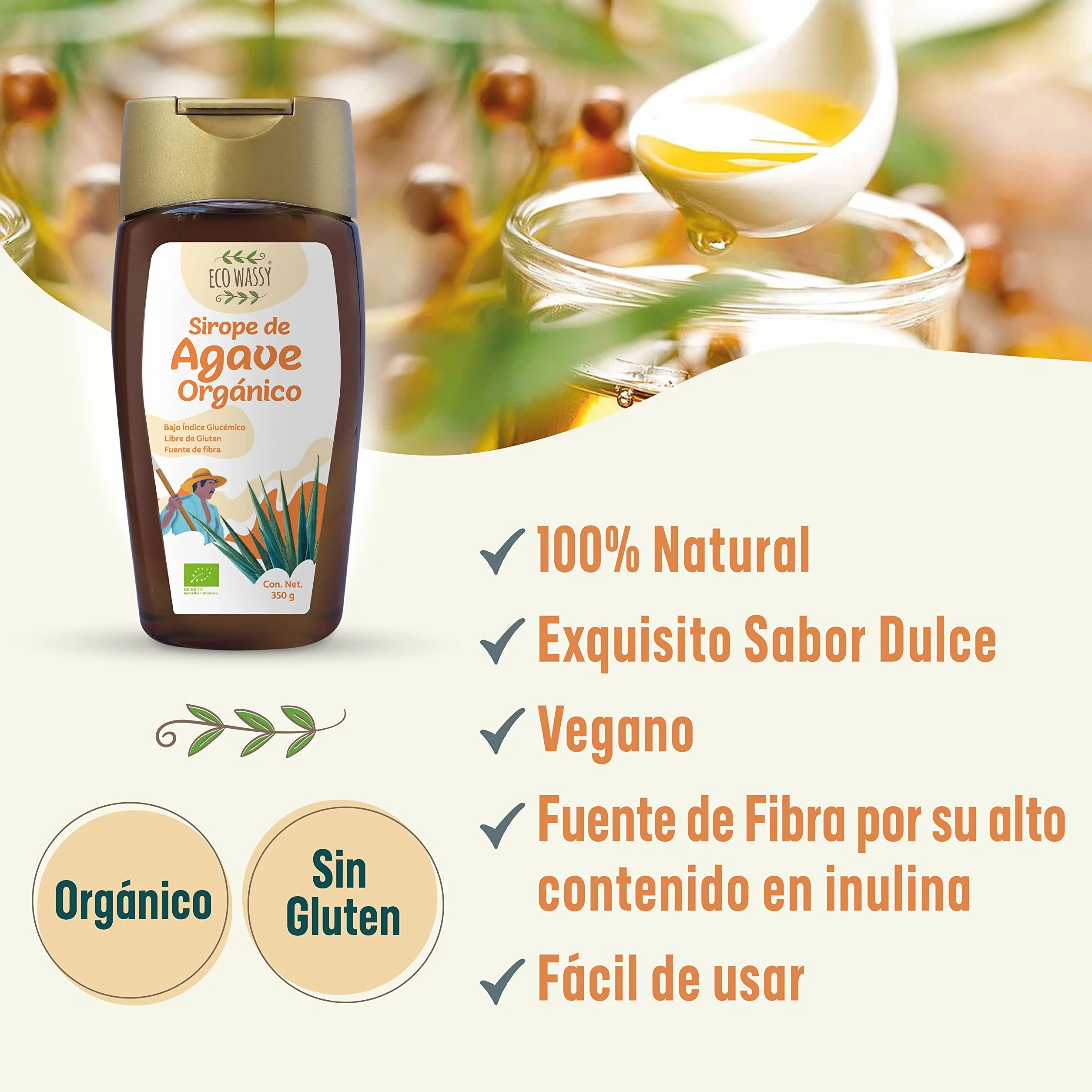 Sirope De Agave Crudo, Endulzante Natural Orgánico, 100% Puro, Sin Gluten, Bajo Índice Glucémico