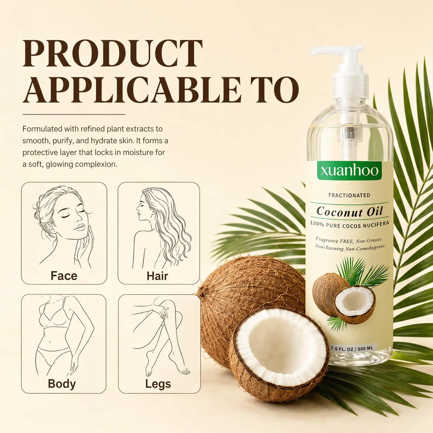 Aceite de coco fraccionado 500ml 100% puro natural para cabello piel y uñas