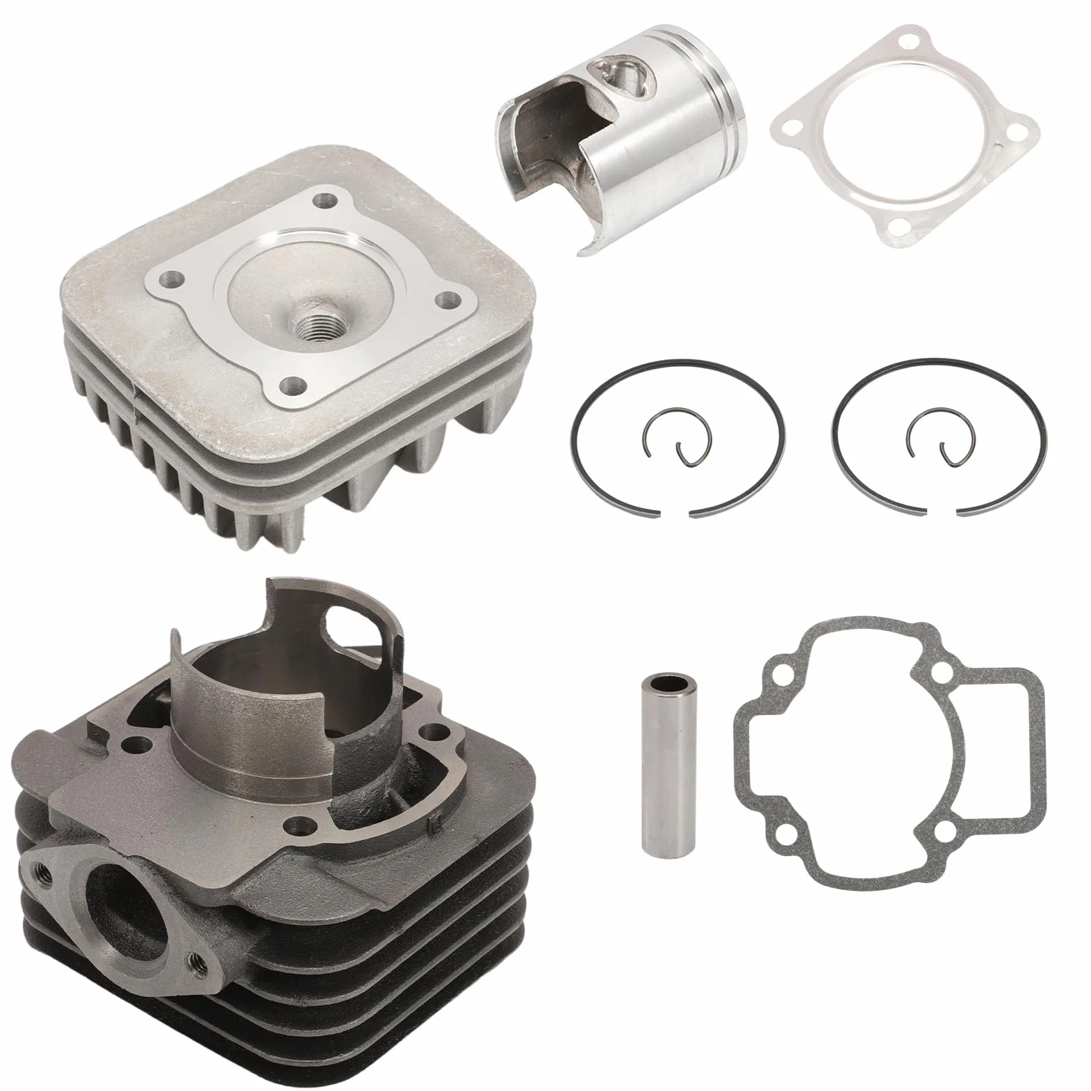 KT00086 - Grupo térmico cilindro Evolution 70 cc D.48 Piaggio AC Aria SP.12 hierro fundido refrigerado por aire para motores Piaggio Gilera, 6 trasvases con escape elíptico y cabeza de una