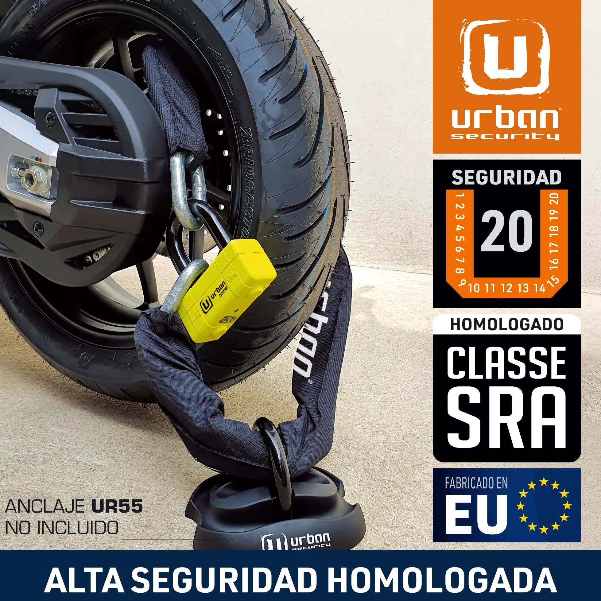 URBAN UR75150 Cadena Candado Antirrobo Pesado ø15mm + Mini U, Alta Seguridad Homologada SRA, 150cm Completamente Testada +Visible, Antirobo Multifunción para Disco Freno, Anclaje, Motocicleta, Parking