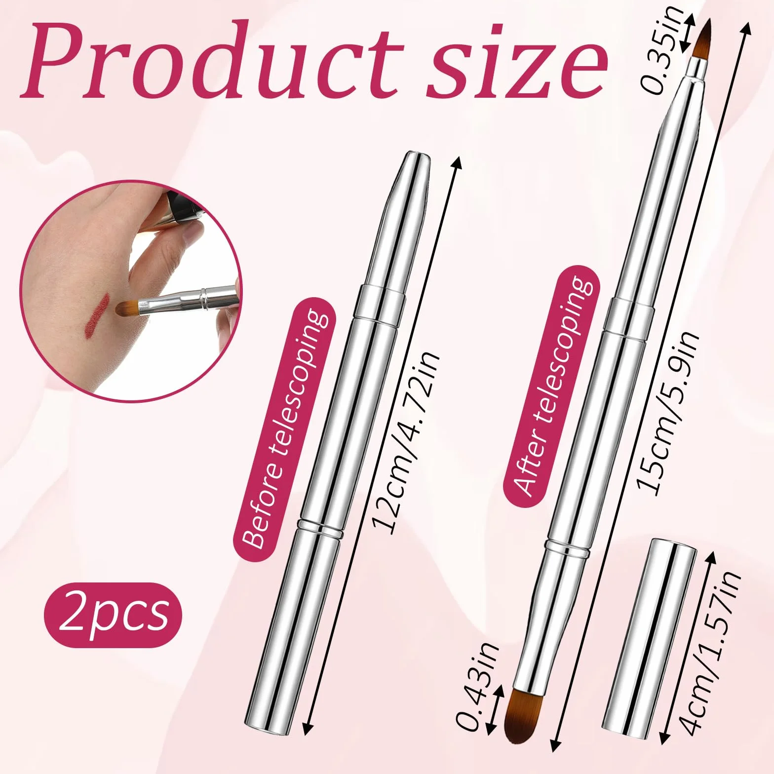 Pinceles de labios retráctiles doble extremo, aplicador de brillo, mini pincel de maquillaje de viaje