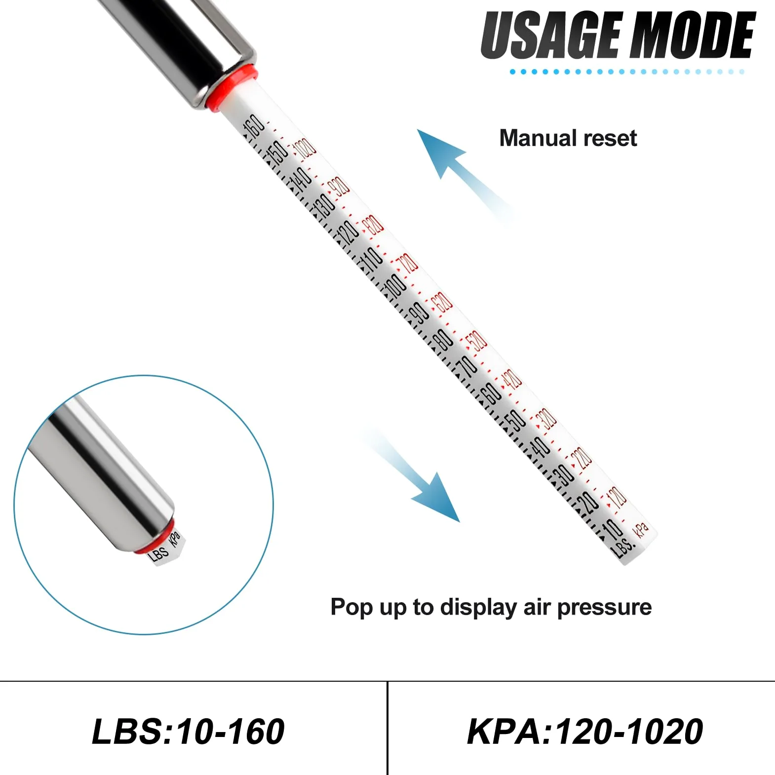 MEANLIN 5PCS Manómetro de presión de neumáticos tipo recto doble plateado, manómetro de aire de doble cabezal, rango de presión 120~1020 KPa (Adecuado para camiones, etc.)