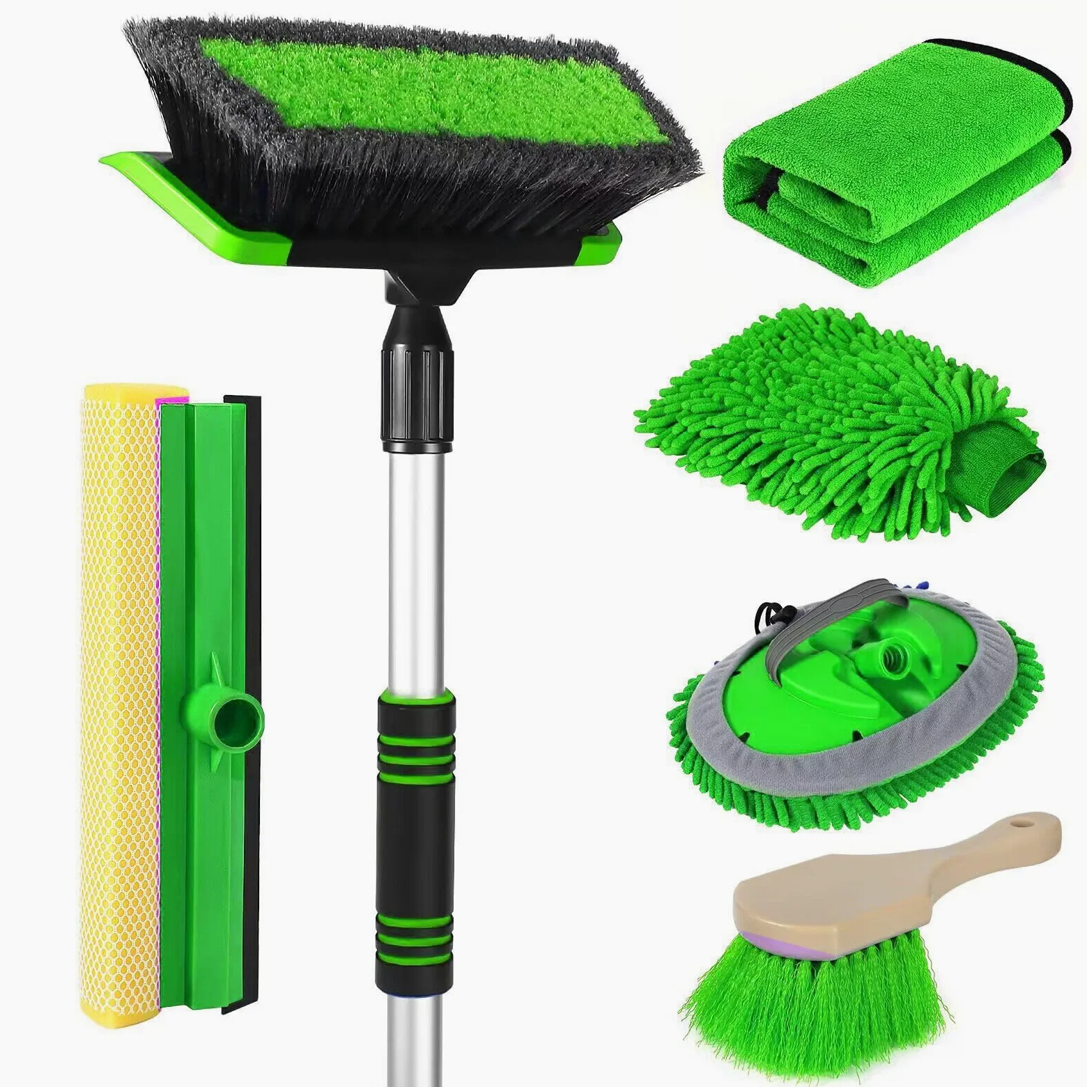 62'' Car Wash Brush with Long Handle, Scratch-Free Soft Bristles Sturdy Car Wash Mop, Complete Cleaning Brush Kit Wash Mitt Towel Windshield Squeegee Wheel Tire Brush for Car Truck RV Green