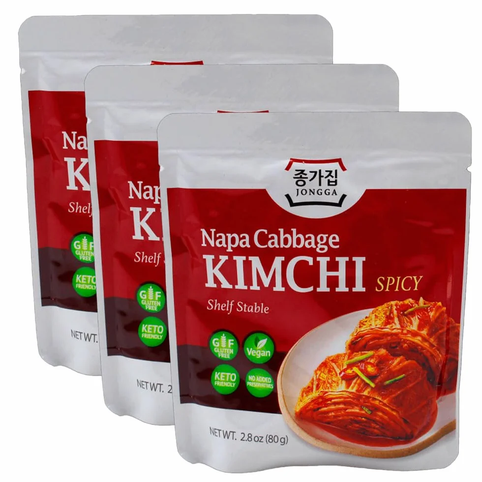 Kimchi coreano fermentado 80 g Pack 3 sobres Col china chile rojo Guarnición picante para ramen arroz noodles vegano sin gluten