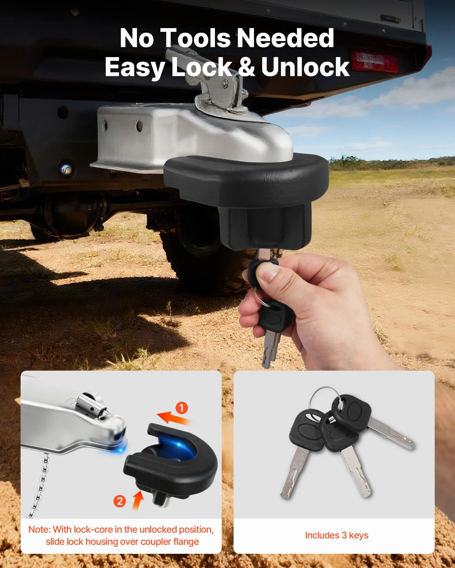 VEVOR Candado para Enganche de Remolque, para Acopladores de 5,08 cm, con 3 Llaves, Resistente a la Palanca y a los Impactos, Apto para Autocaravanas, Barcos, Vehículos Todoterreno y Remolques