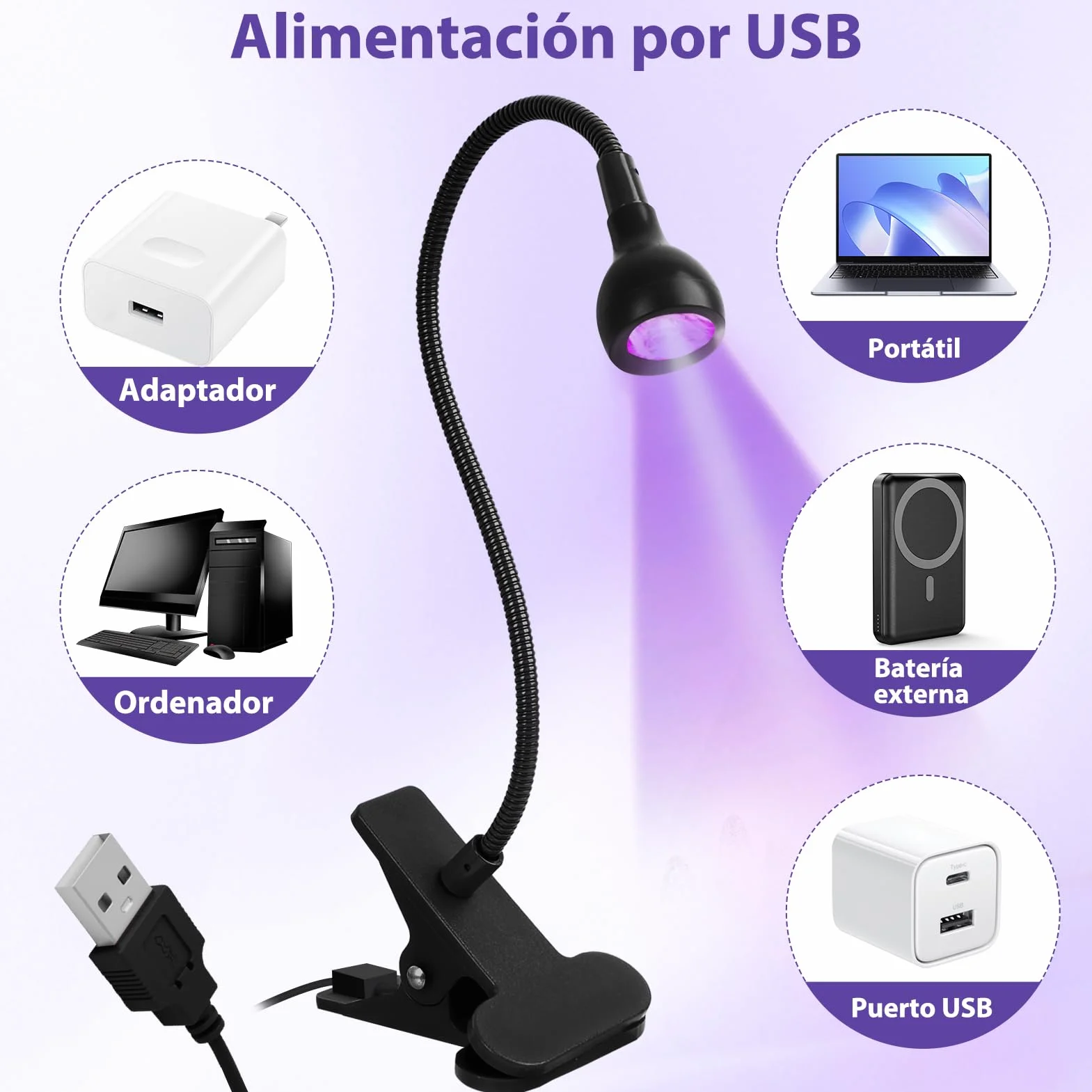 Lámpara de Uñas UV 5W LED Mini para Uñas de Gel Curado Rápido USB Ultravioleta con Clip Negro