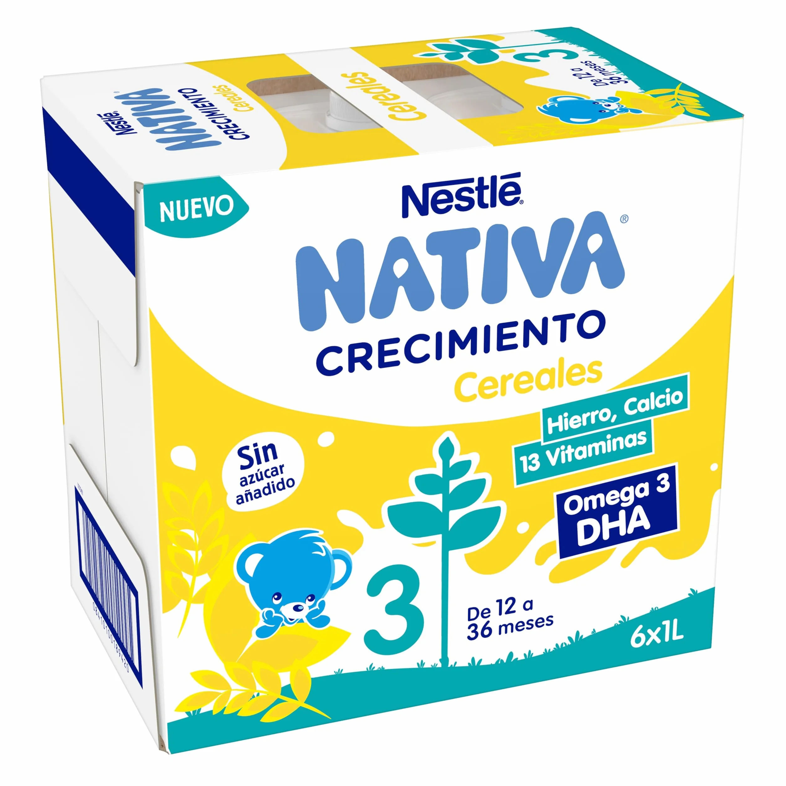 NESTLÉ NATIVA Leche de crecimiento líquida con Cereales sin azúcar añadido 1 año 6 bricks 1L