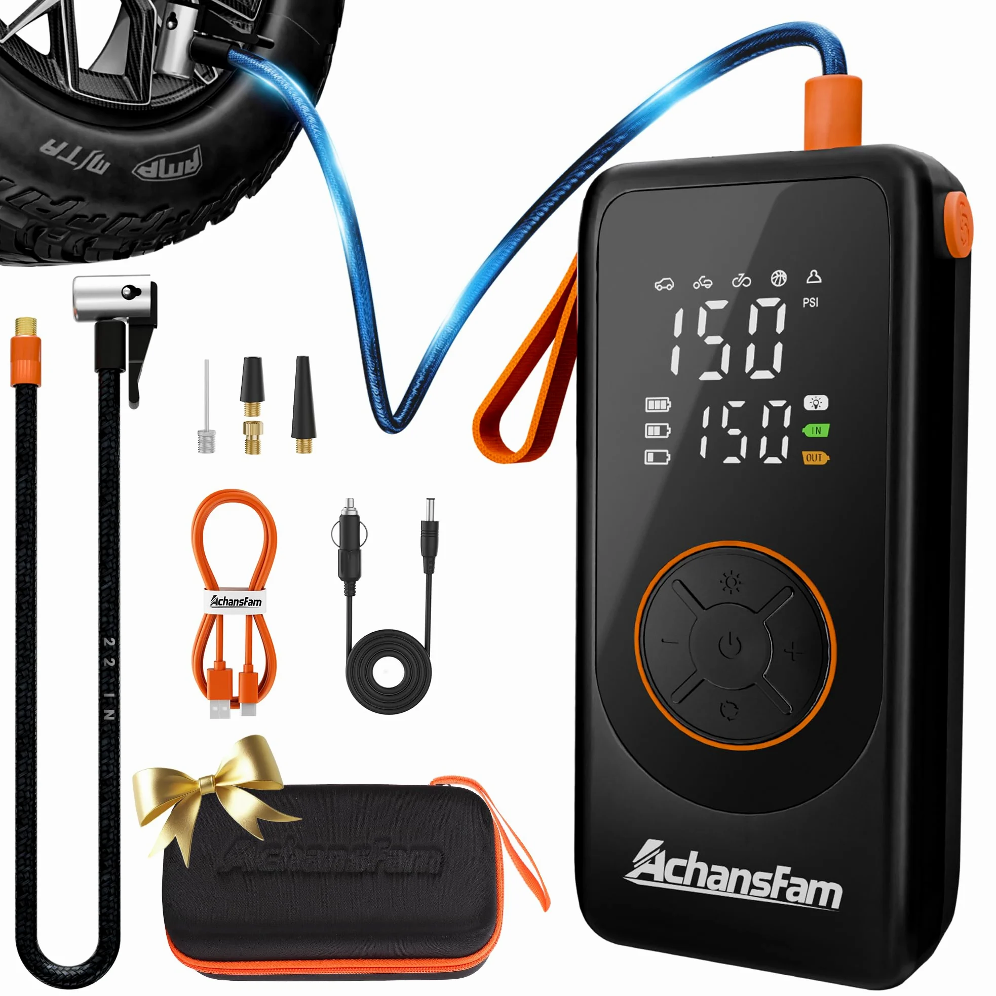 P9 Pro - Inflador de neumáticos portátil, bomba de aire para neumáticos de coche con manómetro digital, doble potencia y apagado automático, manguera de 22 pulgadas, bomba inalámbrica para